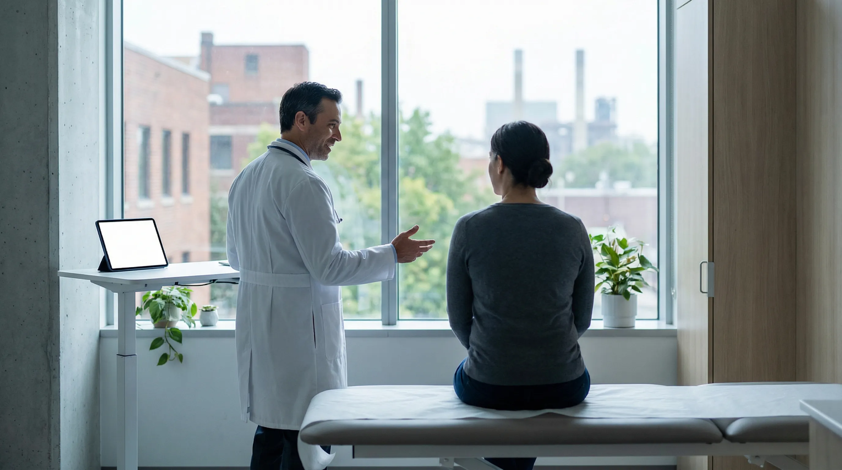 Healthcare professional consulting with patient in a modern private practice exam room in New Haven, CT