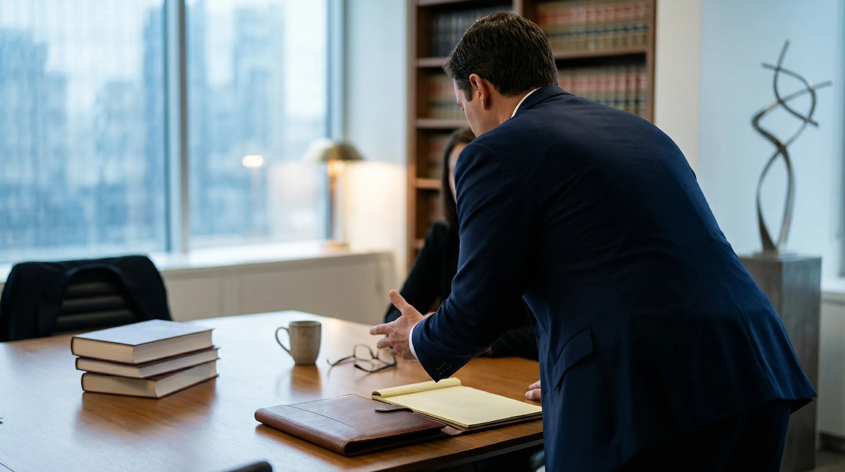 Attorney consulting with client in professional law office conference room in New Haven, CT
