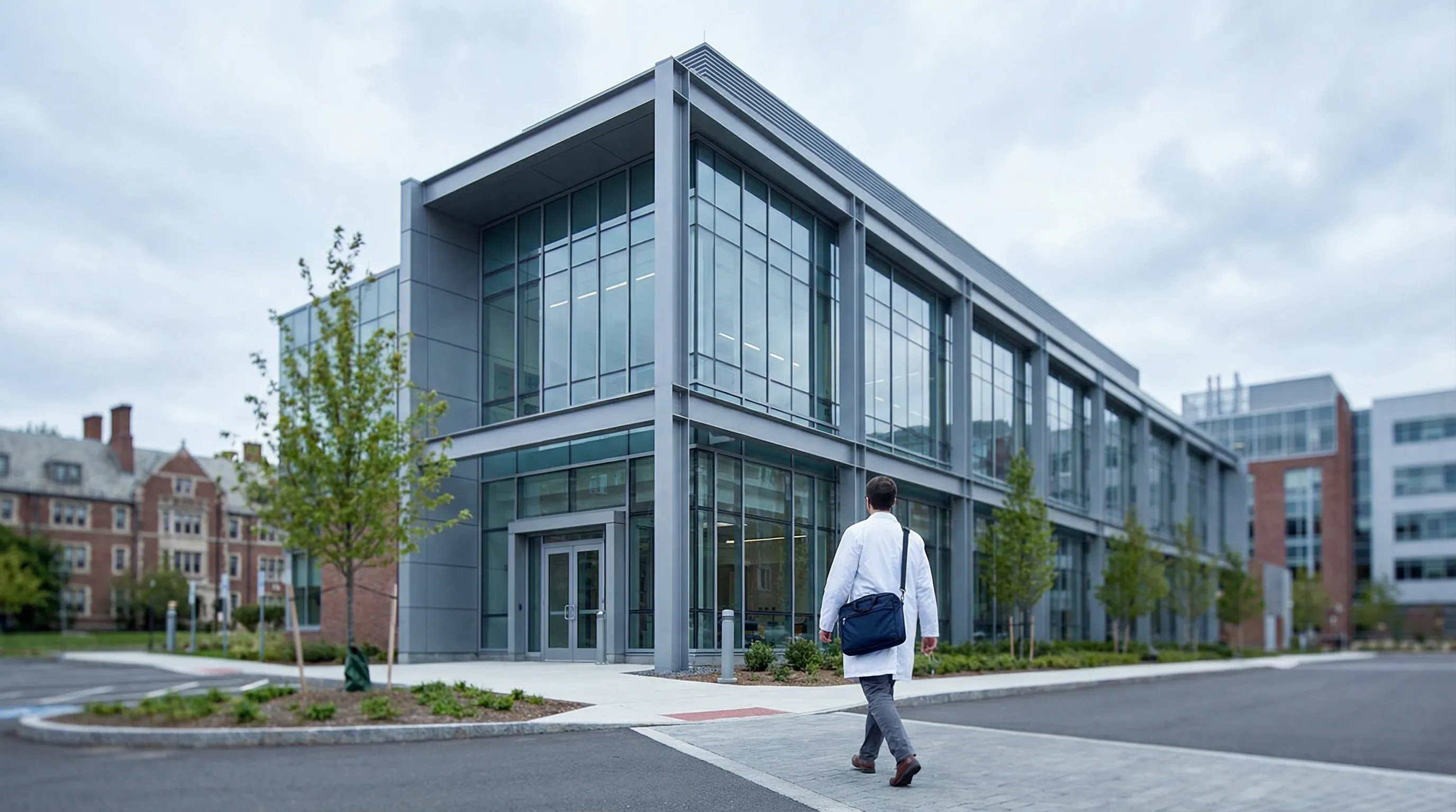 Life sciences researcher working at biosafety cabinet in a modern New Haven biotech laboratory at Yale Science Park