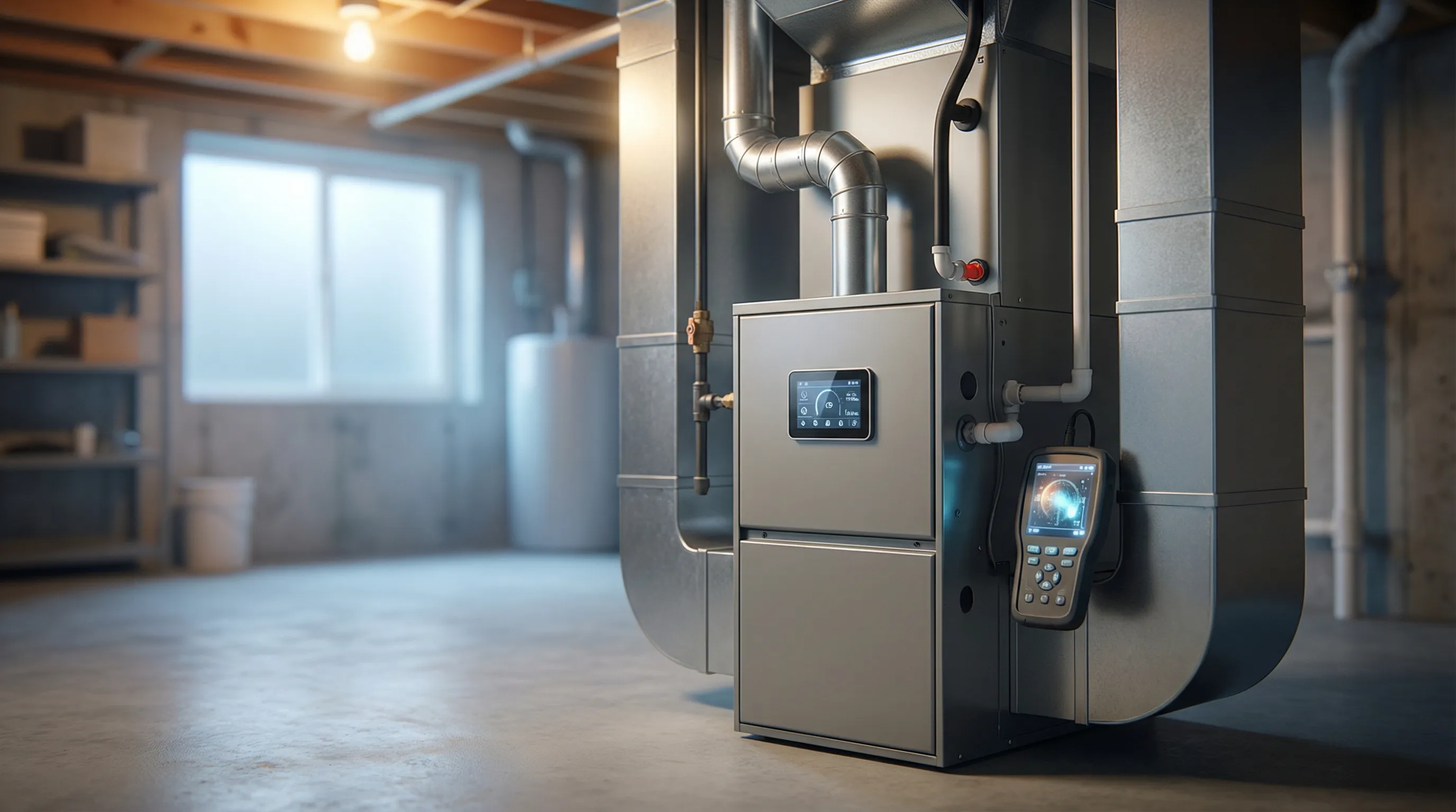 Professional HVAC technician servicing a high-efficiency furnace in a Fargo, ND home during winter