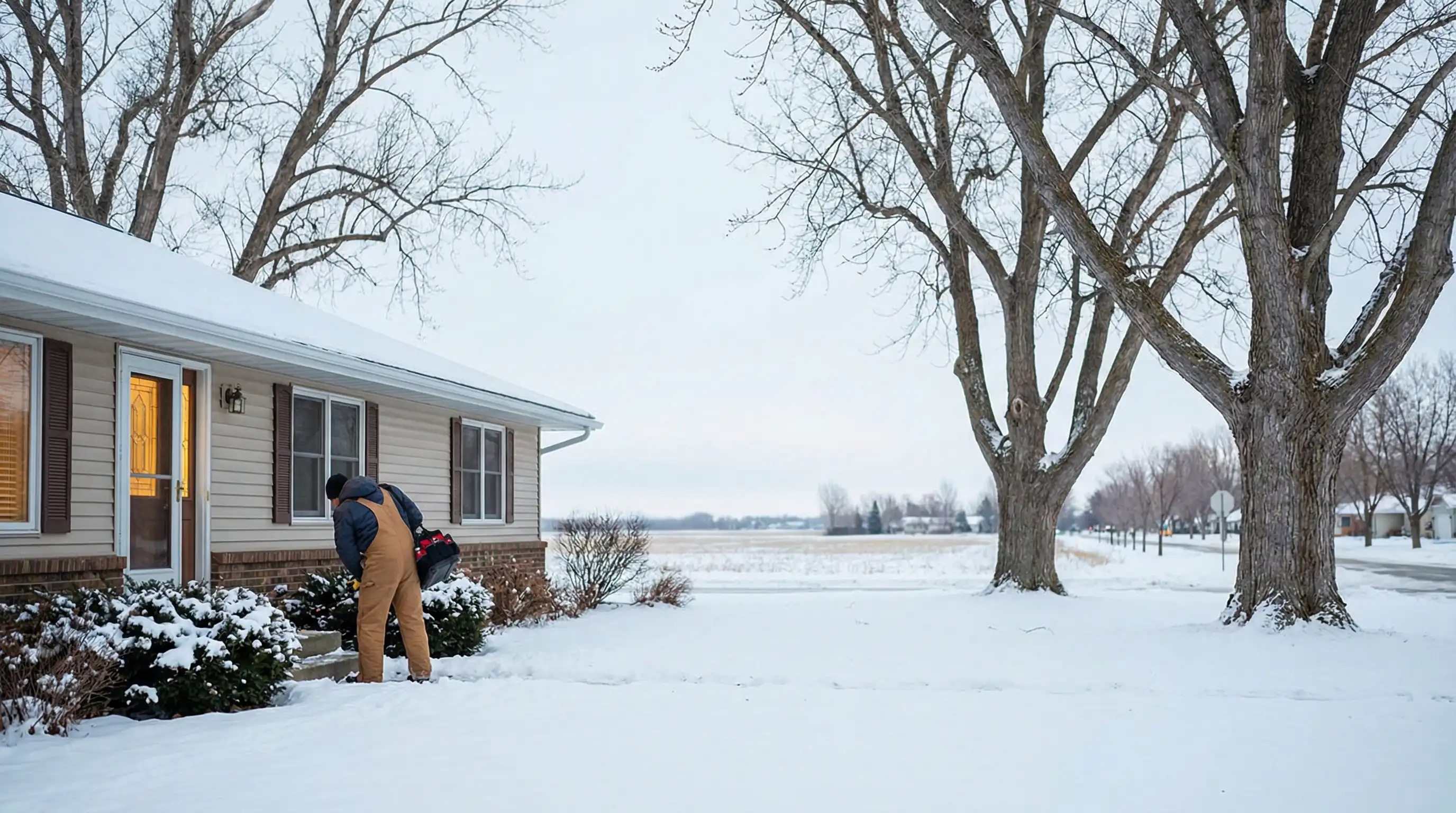 Professional HVAC technician servicing a high-efficiency furnace in a Fargo, ND home during winter