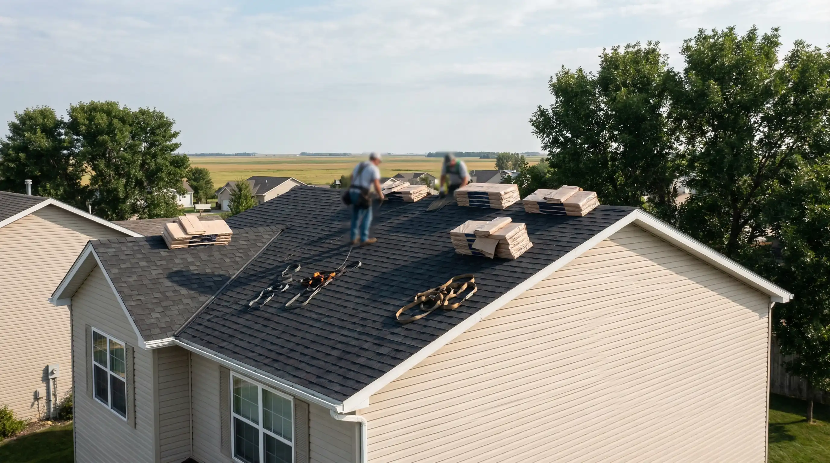 Roofing contractor installing new asphalt shingles on a Fargo, ND residential home after storm damage