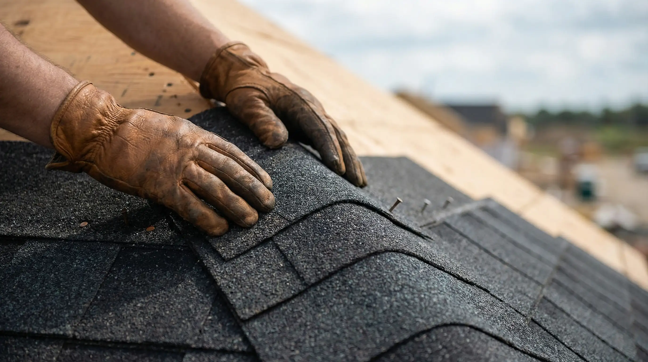 Roofing contractor installing new asphalt shingles on a Fargo, ND residential home after storm damage
