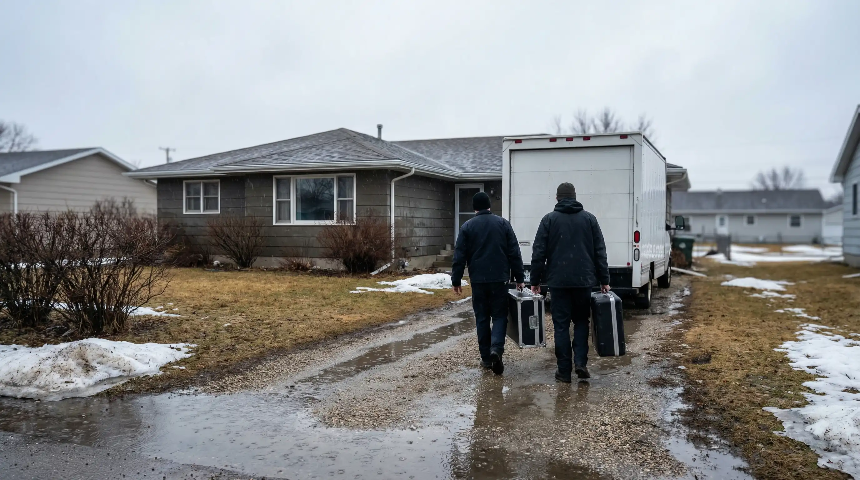 Water damage restoration technician operating industrial air movers in a flooded Fargo, ND basement