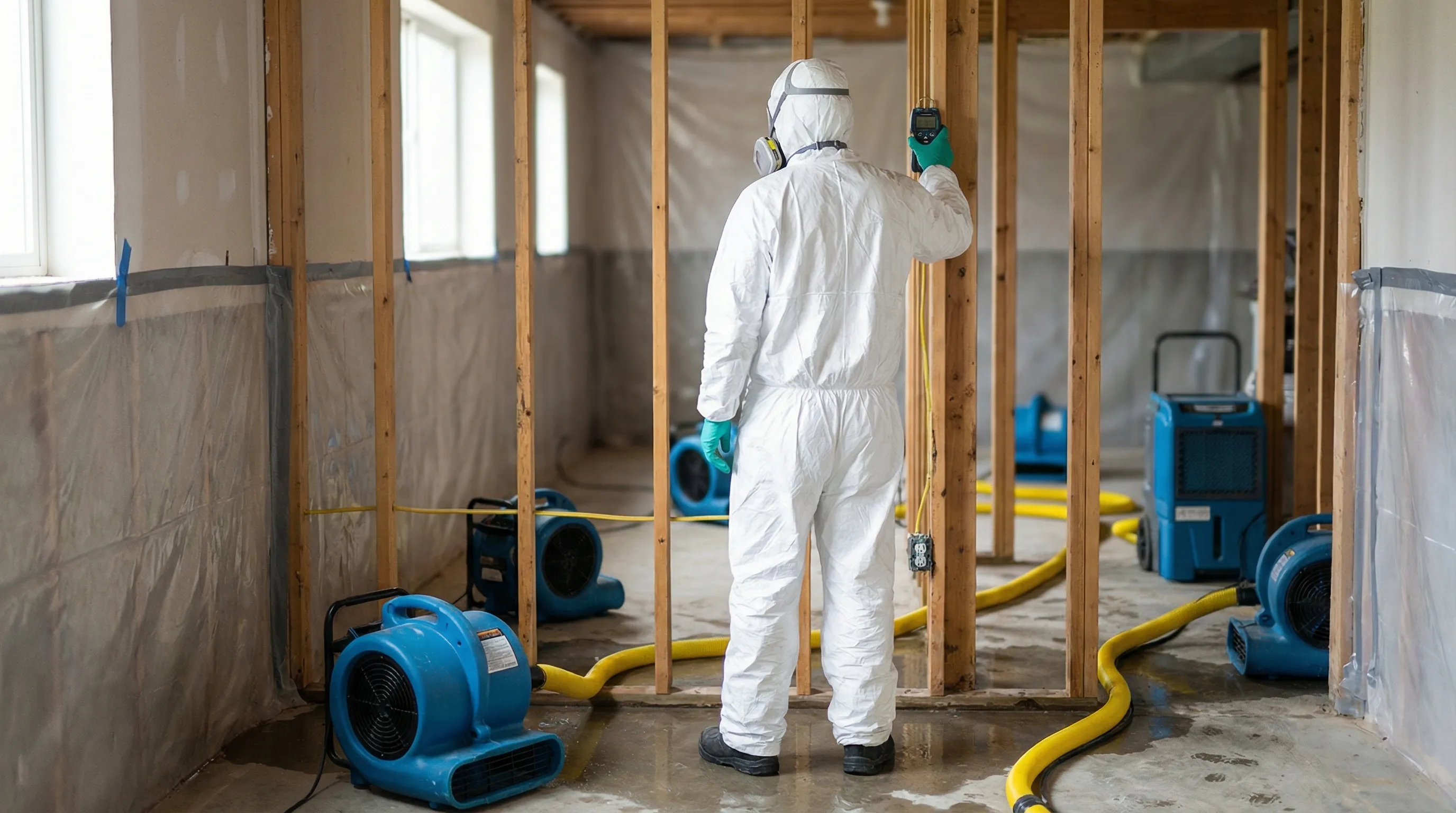 Water damage restoration technician operating industrial air movers in a flooded Fargo, ND basement