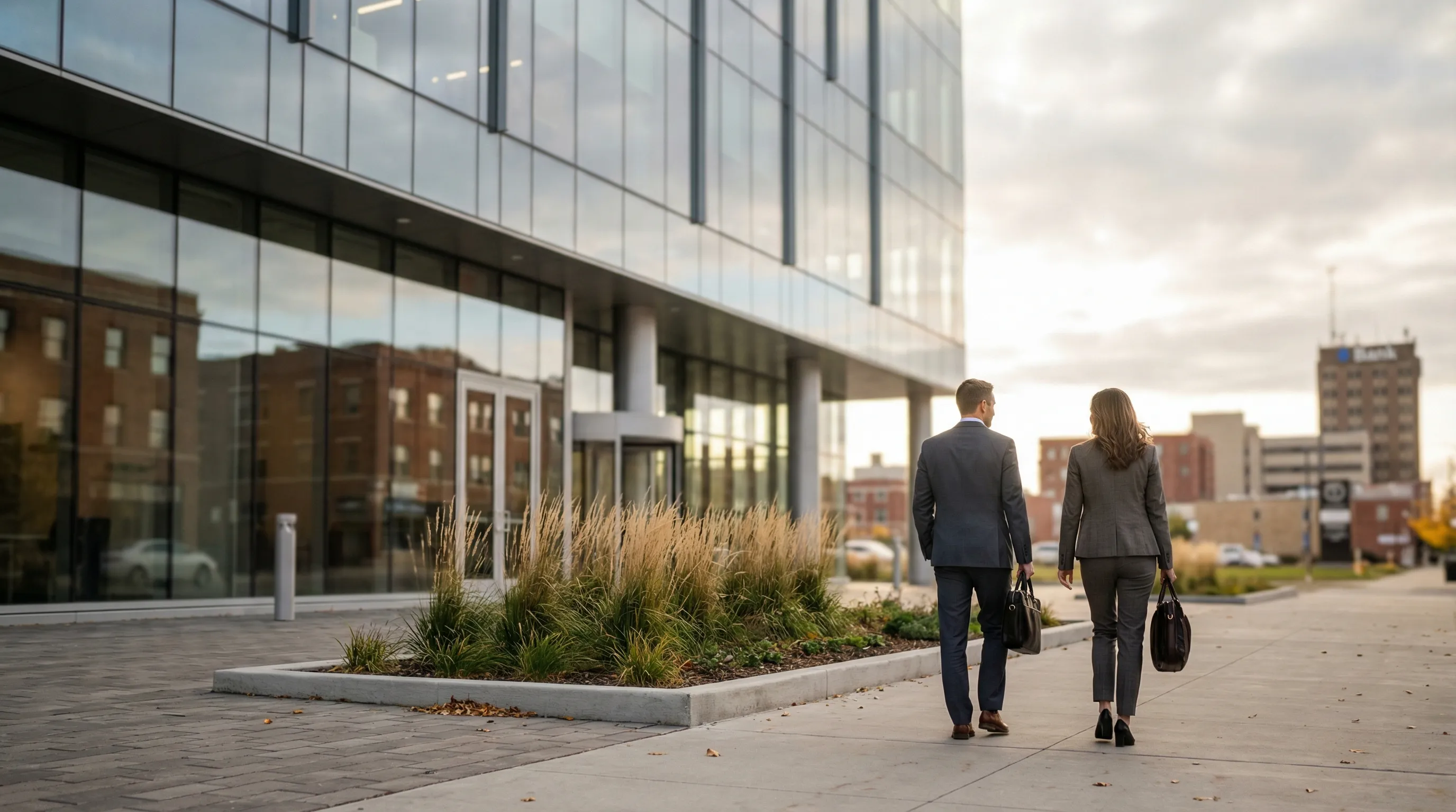 Modern financial advisory office in Fargo, ND with advisor presenting retirement projections to a professional couple