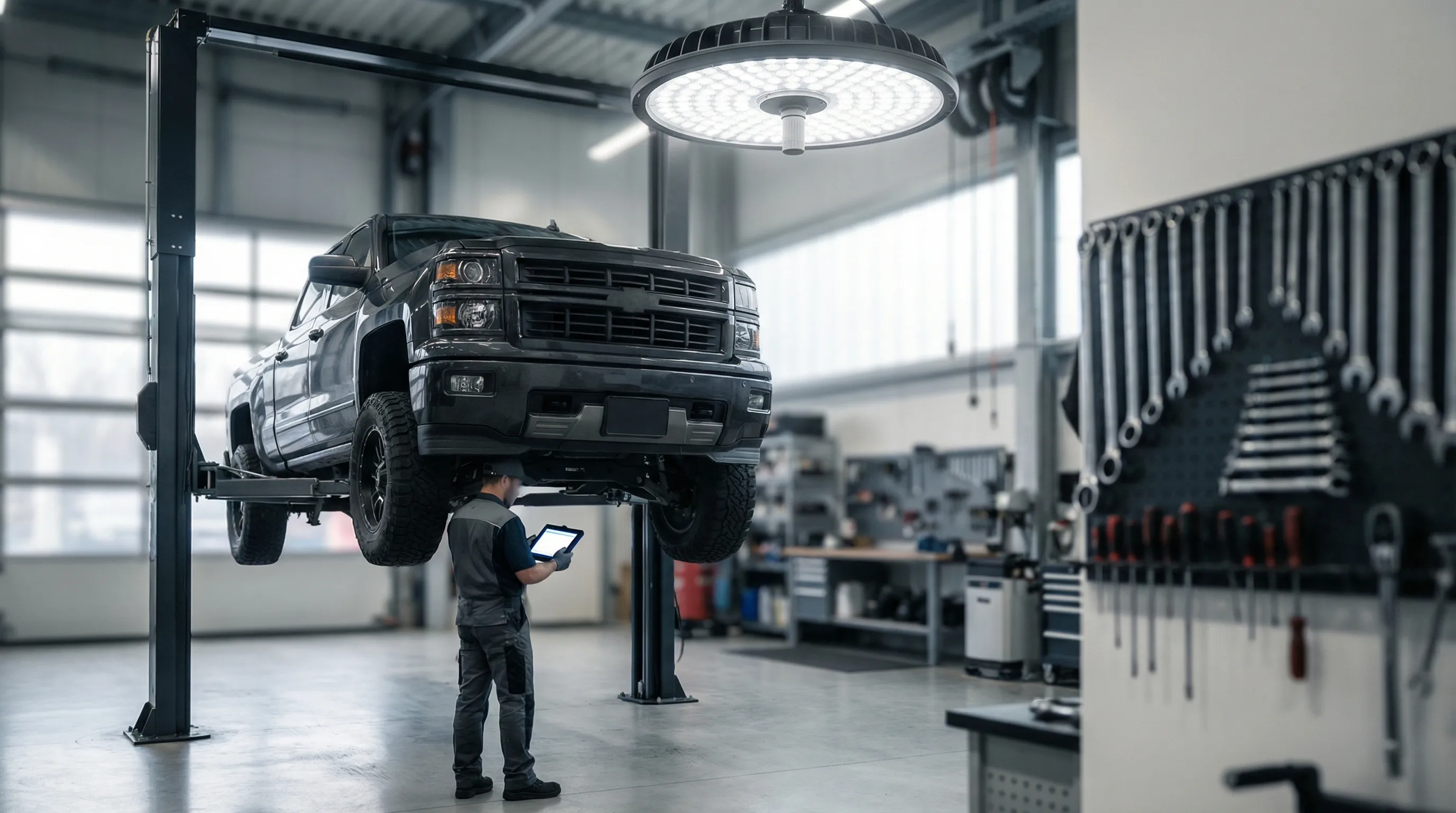 Professional mechanic working on a lifted vehicle in a clean Fargo, ND auto repair shop with organized tool stations