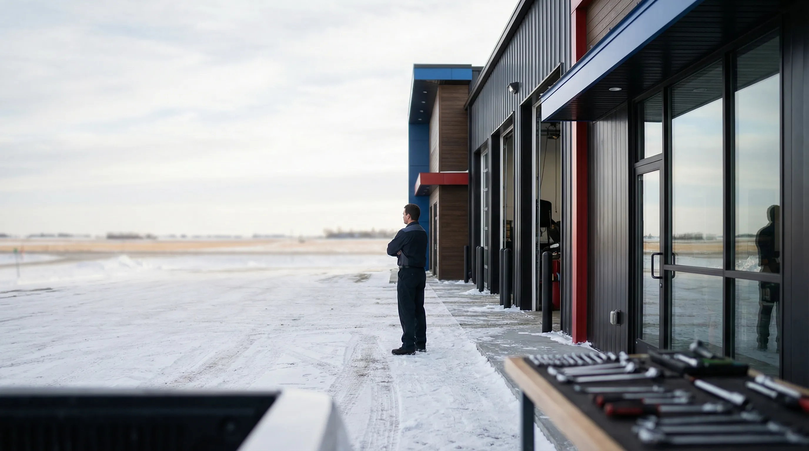 Professional mechanic working on a lifted vehicle in a clean Fargo, ND auto repair shop with organized tool stations