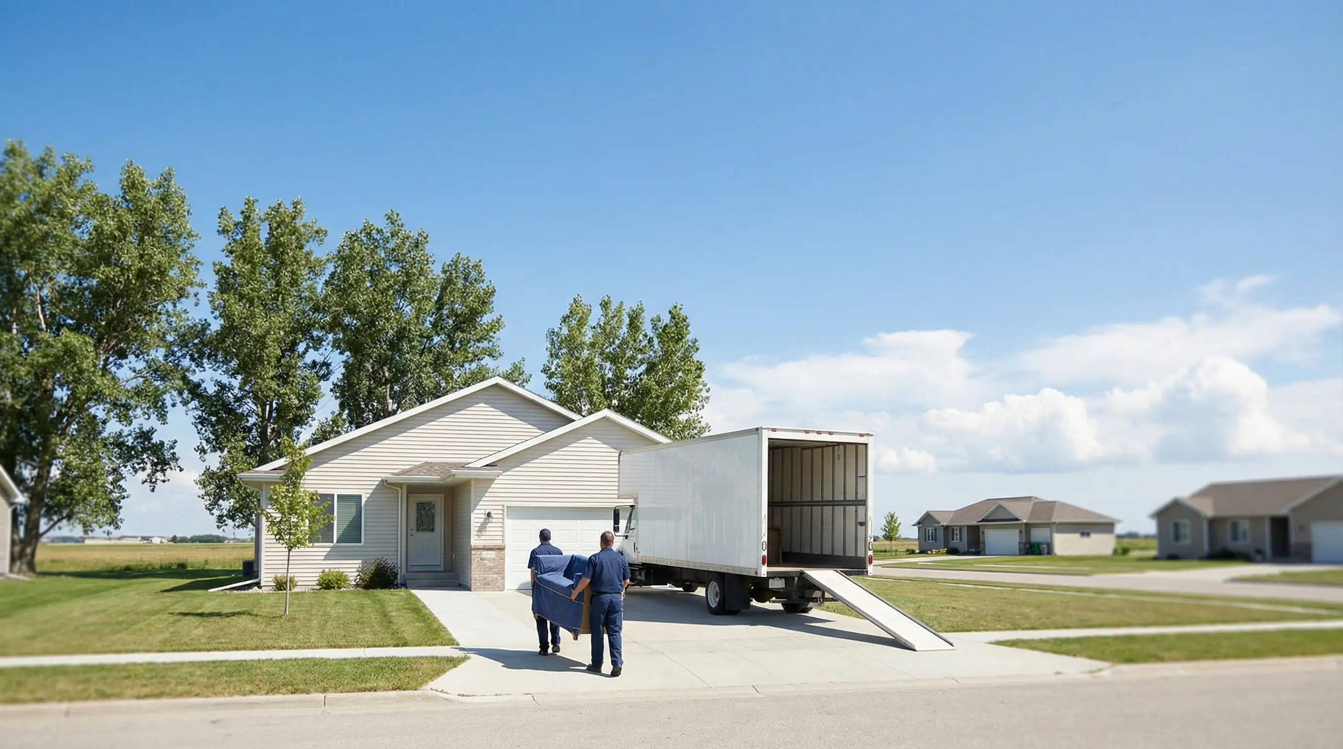 Moving crew loading a truck in front of a Fargo, ND home on a clear summer day with branded uniforms and organized furniture wrapping