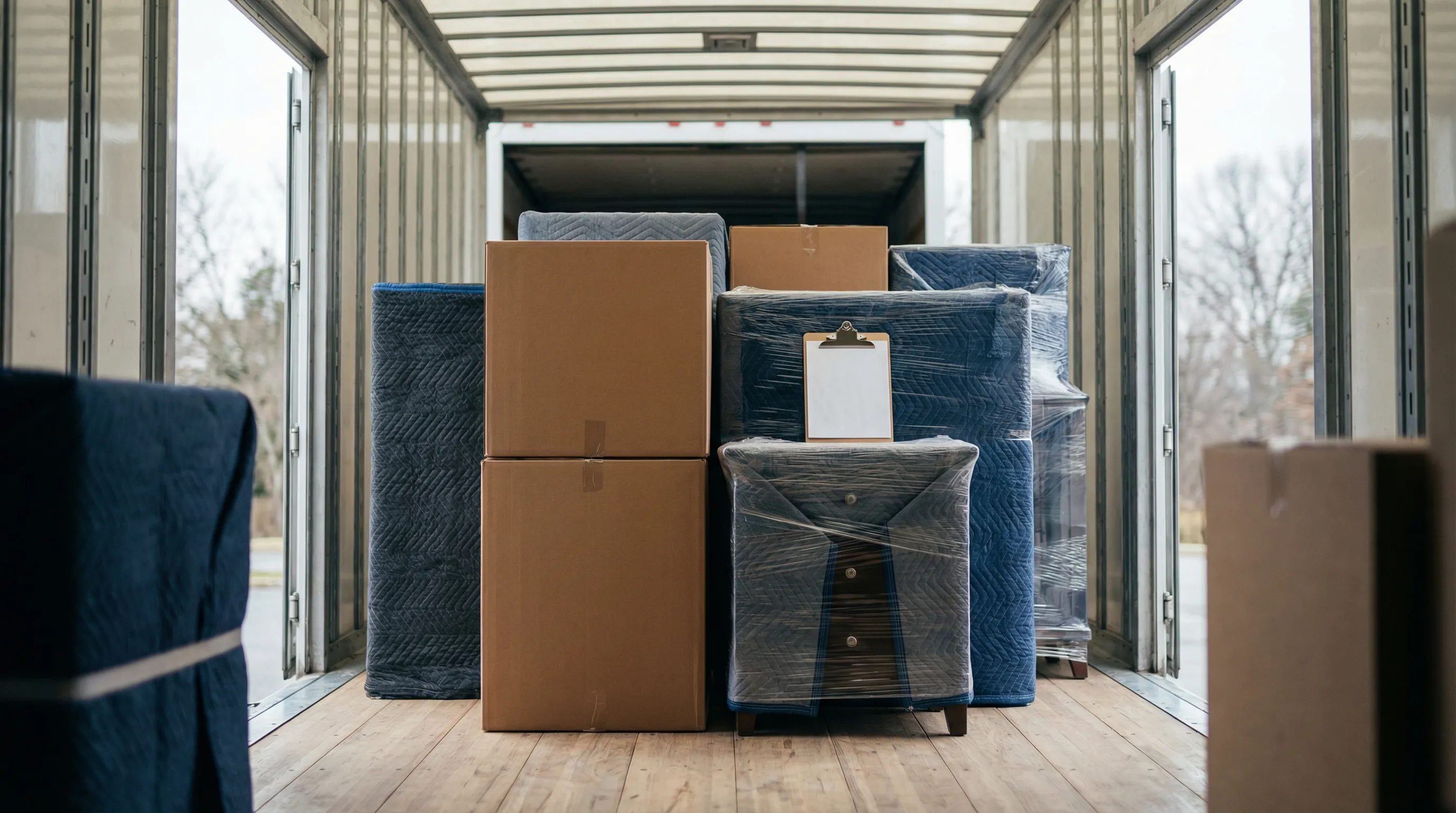 Moving crew loading a truck in front of a Fargo, ND home on a clear summer day with branded uniforms and organized furniture wrapping