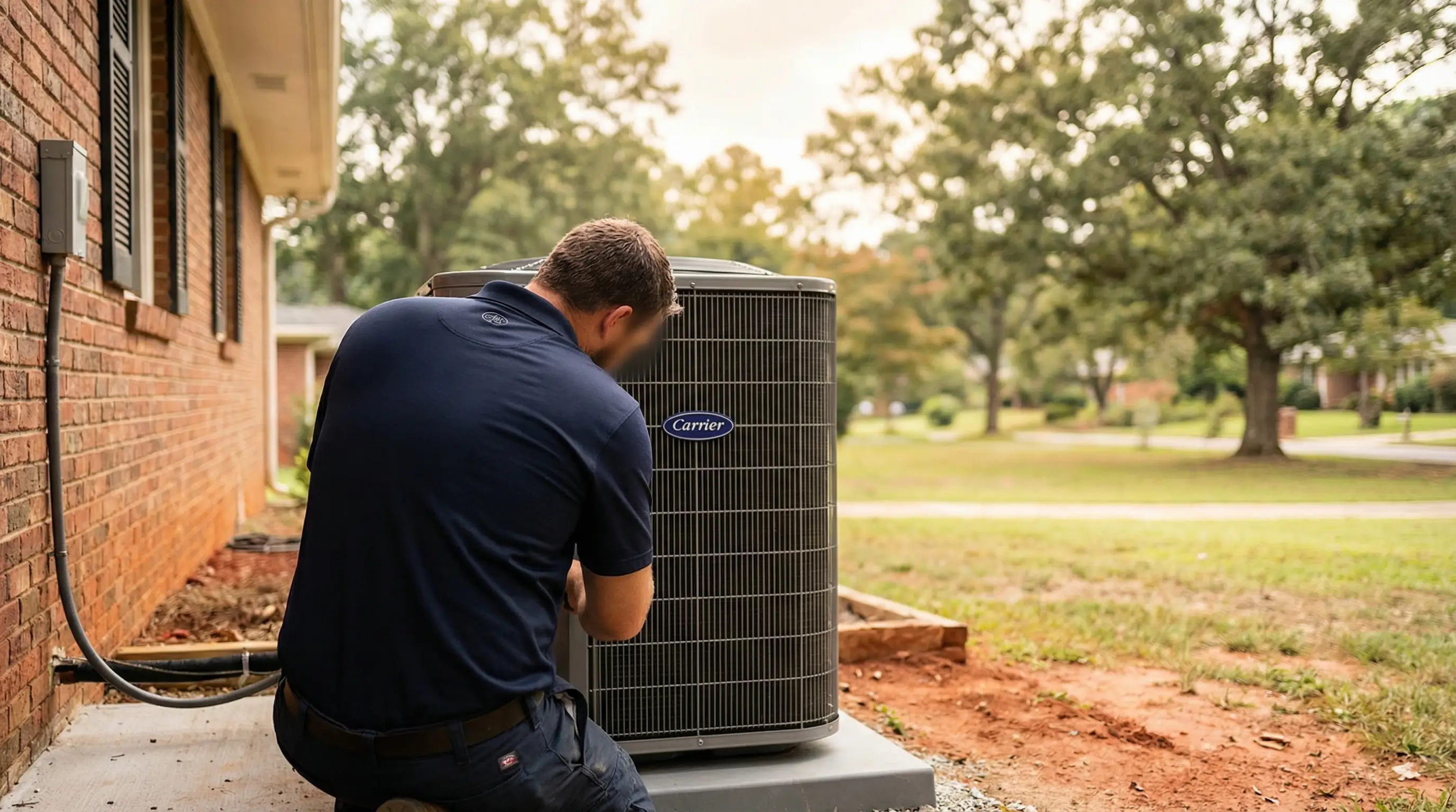 Professional HVAC technician inspecting heat pump system at residential home in Athens, GA