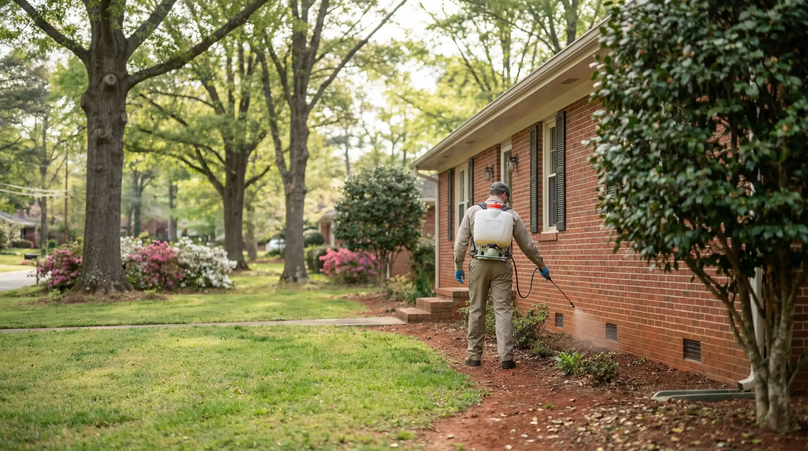 Professional pest control technician treating foundation perimeter at residential property in Athens, GA