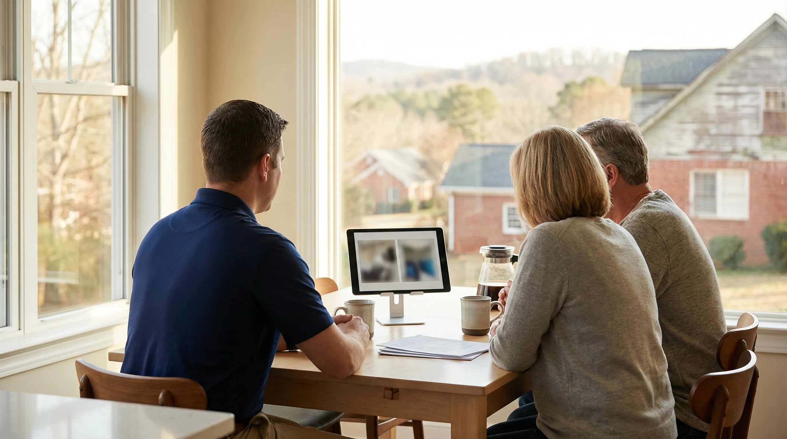 Roofing contractor reviewing storm damage assessment with homeowner at residential property in Athens, GA