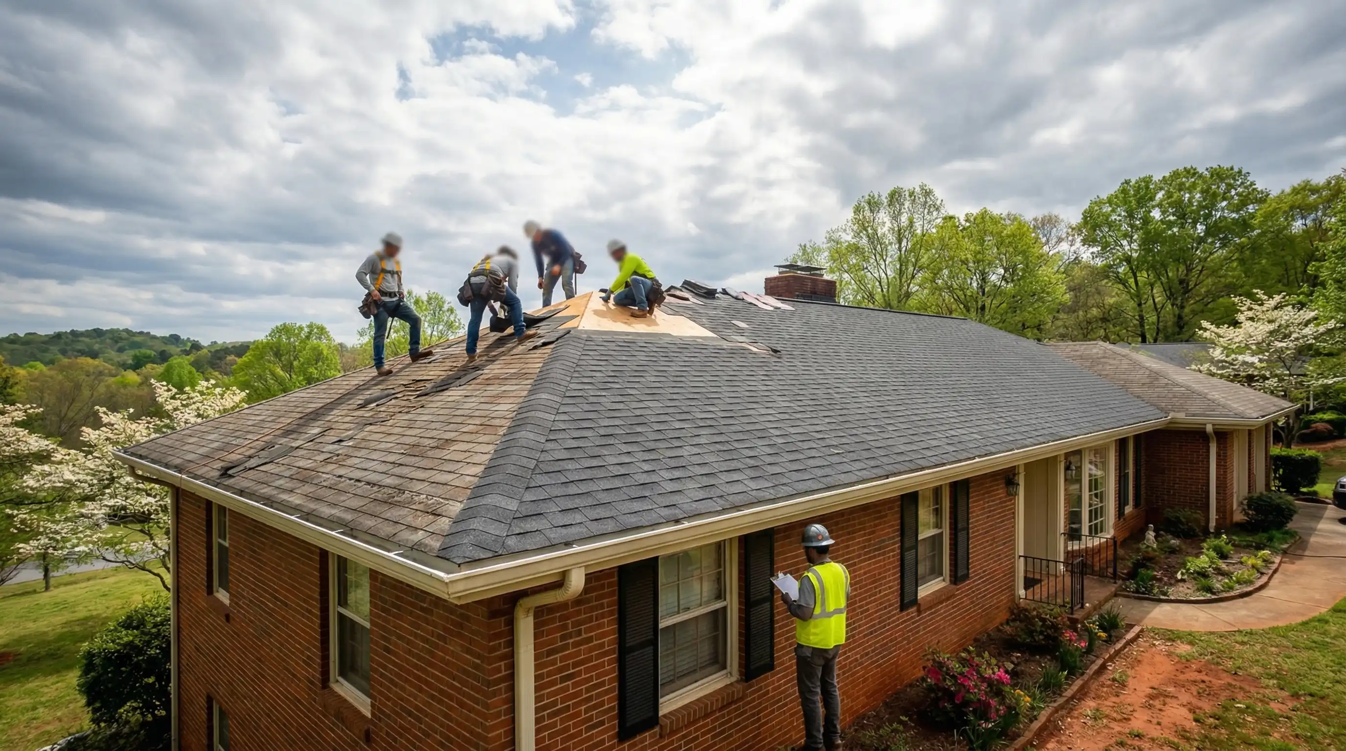 Roofing contractor reviewing storm damage assessment with homeowner at residential property in Athens, GA
