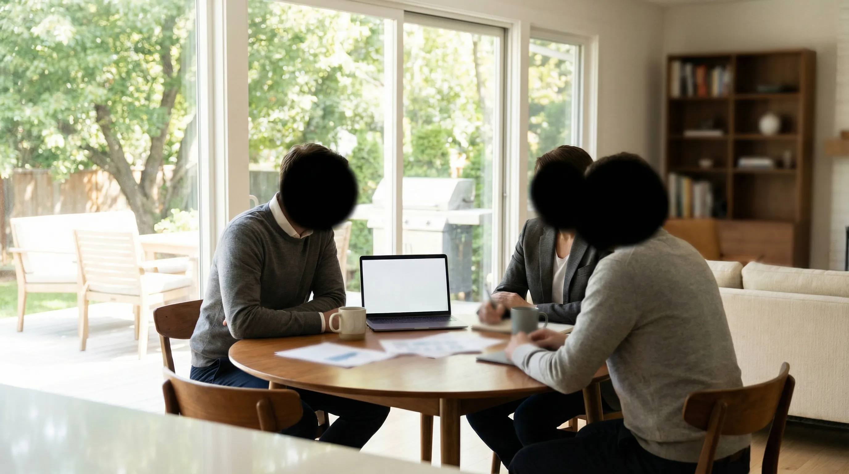 Real estate agent reviewing home listing data with a couple at a table in a bright Athens, GA home