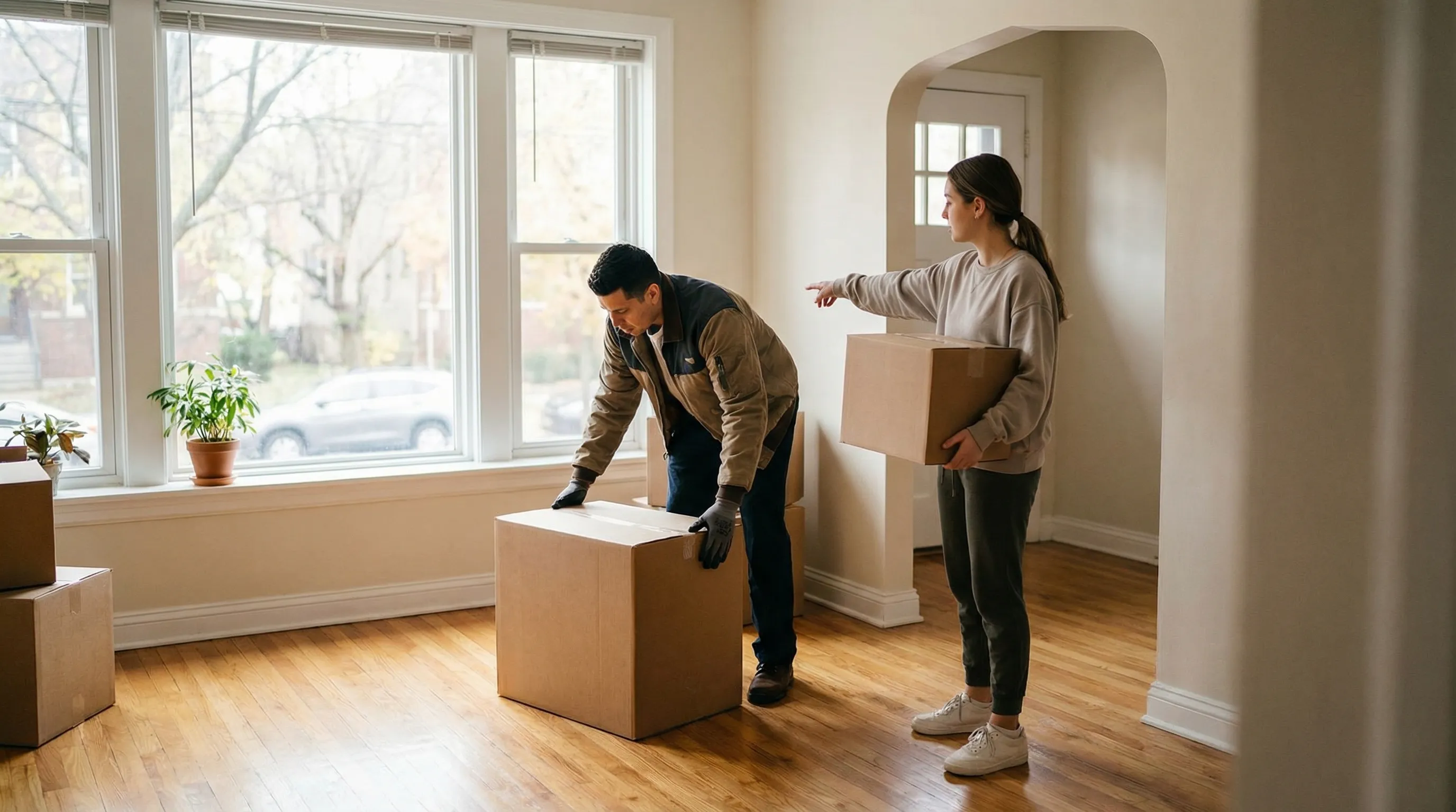 Two uniformed movers carefully loading furniture into a moving truck outside an Athens, GA apartment complex on a sunny morning