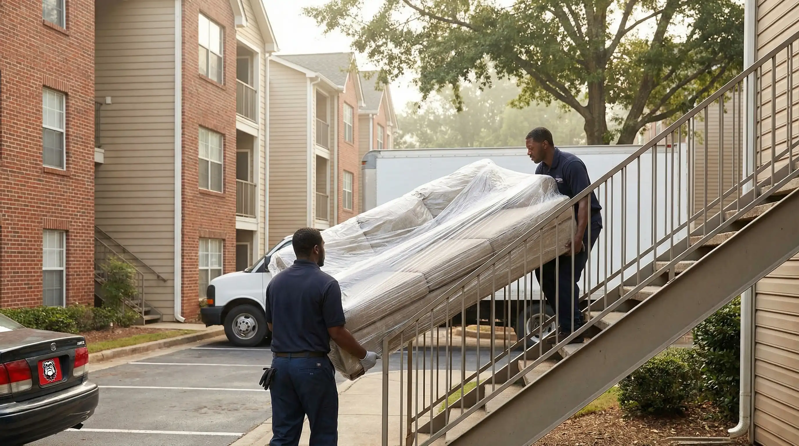 Two uniformed movers carefully loading furniture into a moving truck outside an Athens, GA apartment complex on a sunny morning