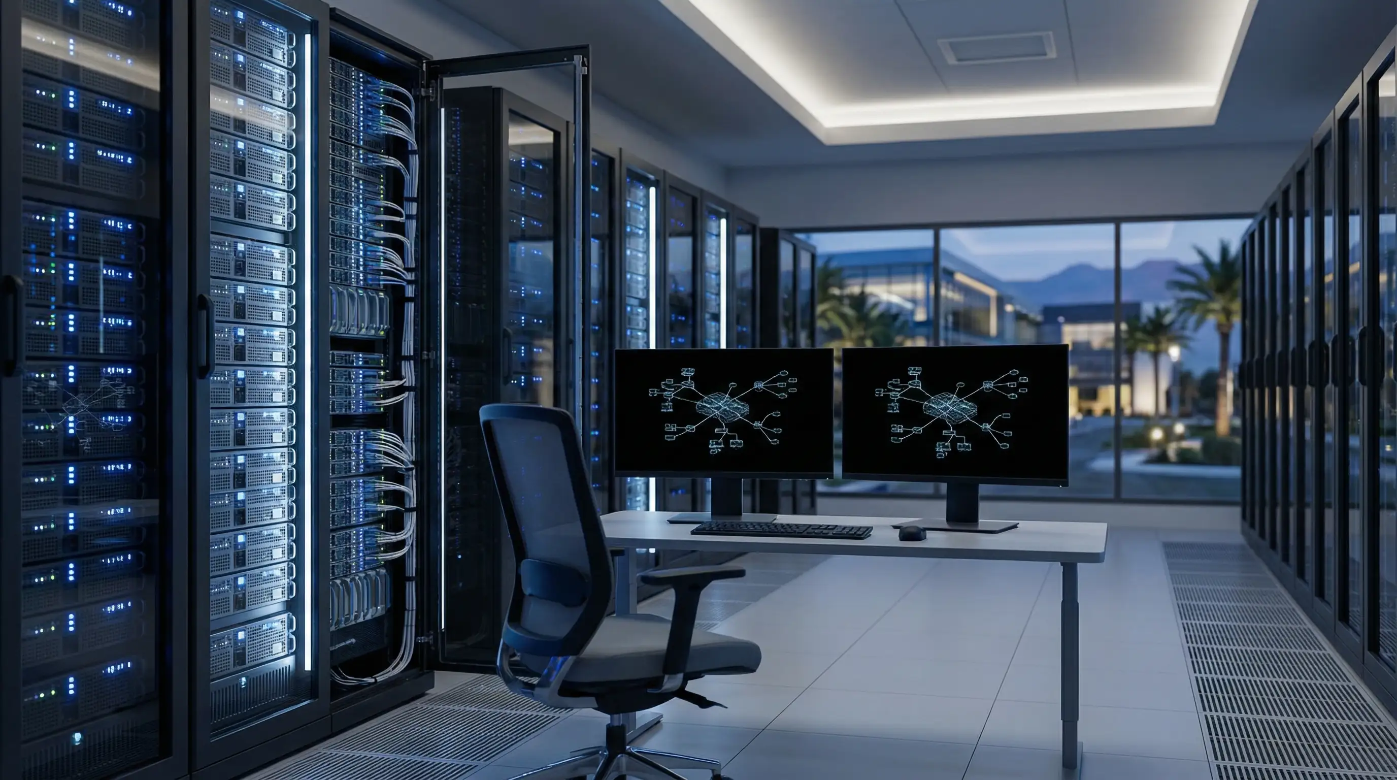 Professional technology office building on Great America Parkway in Santa Clara, CA, modern glass facade with tech company signage at dusk