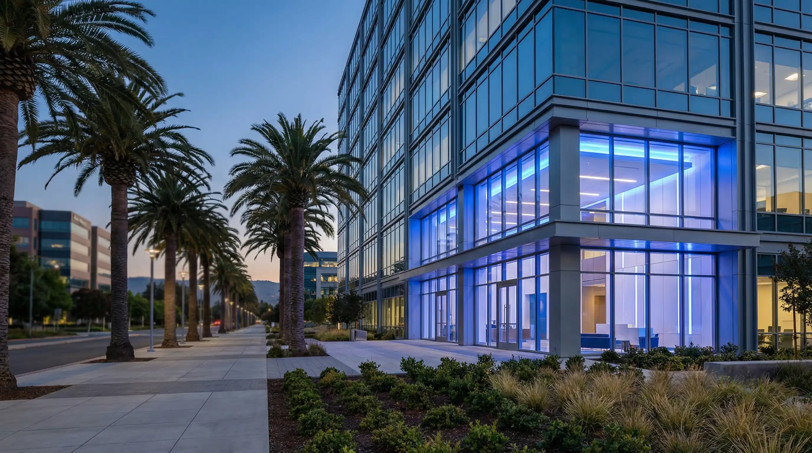 Professional technology office building on Great America Parkway in Santa Clara, CA, modern glass facade with tech company signage at dusk