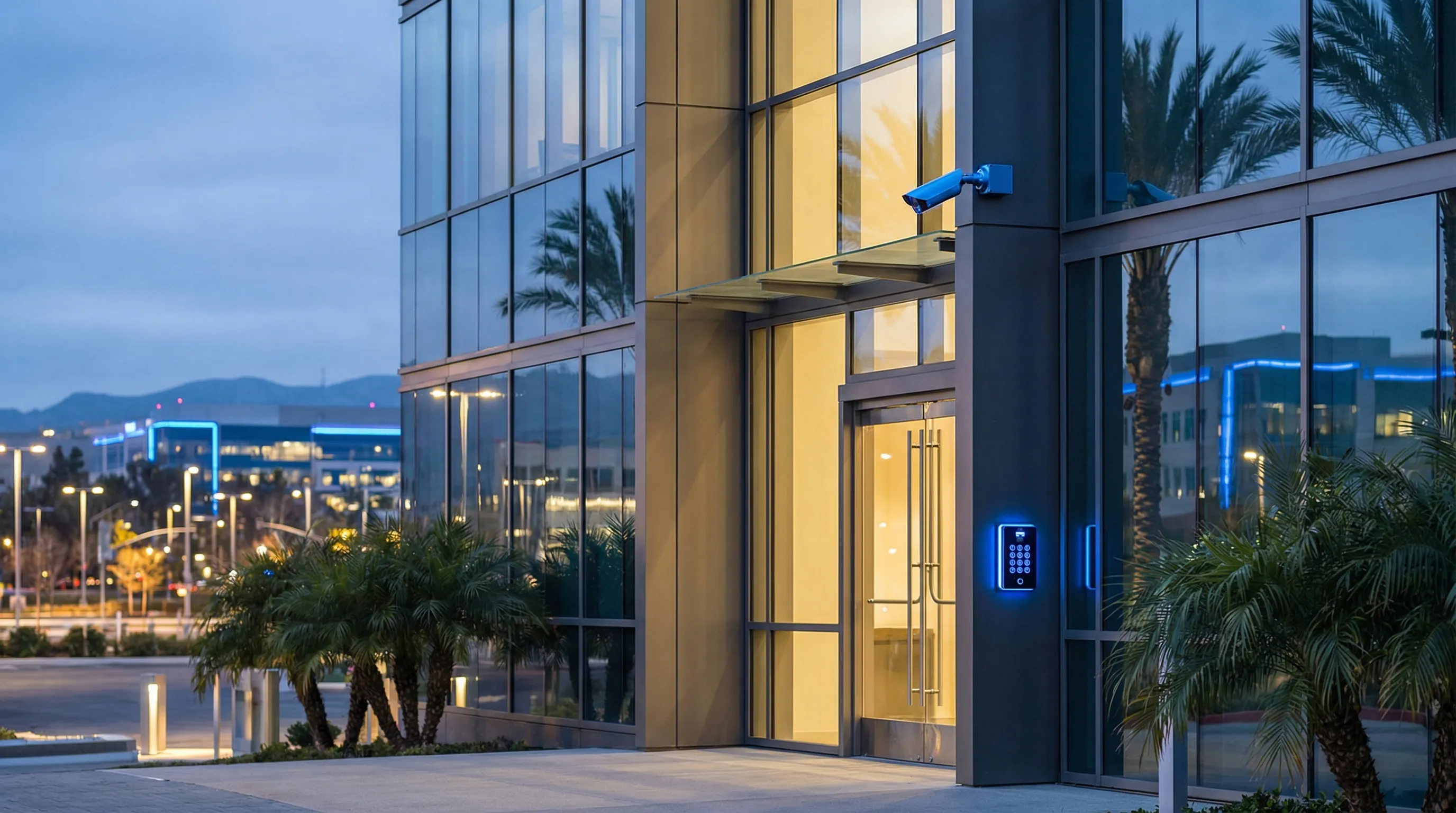 Professional cybersecurity operations center interior in Santa Clara, CA, security analysts monitoring threat dashboards with blue-lit screens