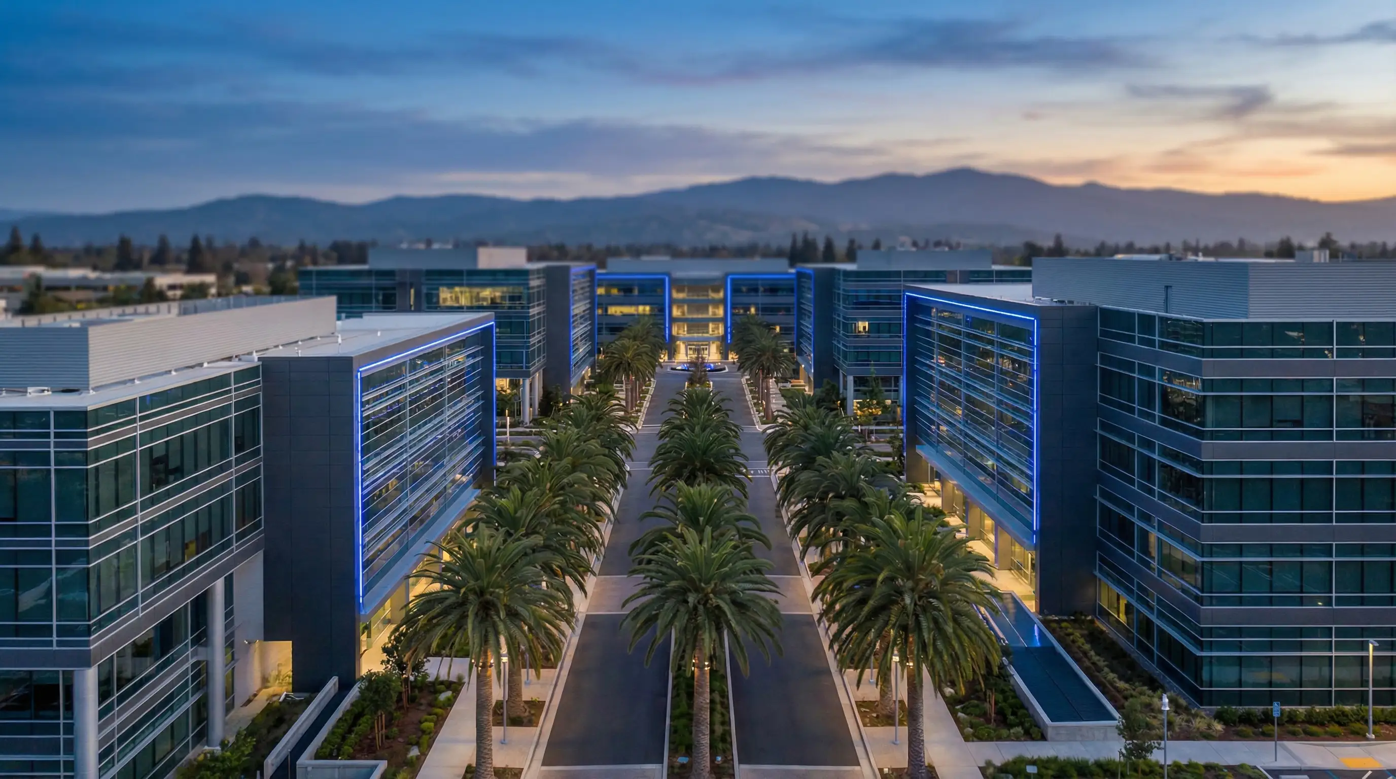 Professional cybersecurity operations center interior in Santa Clara, CA, security analysts monitoring threat dashboards with blue-lit screens