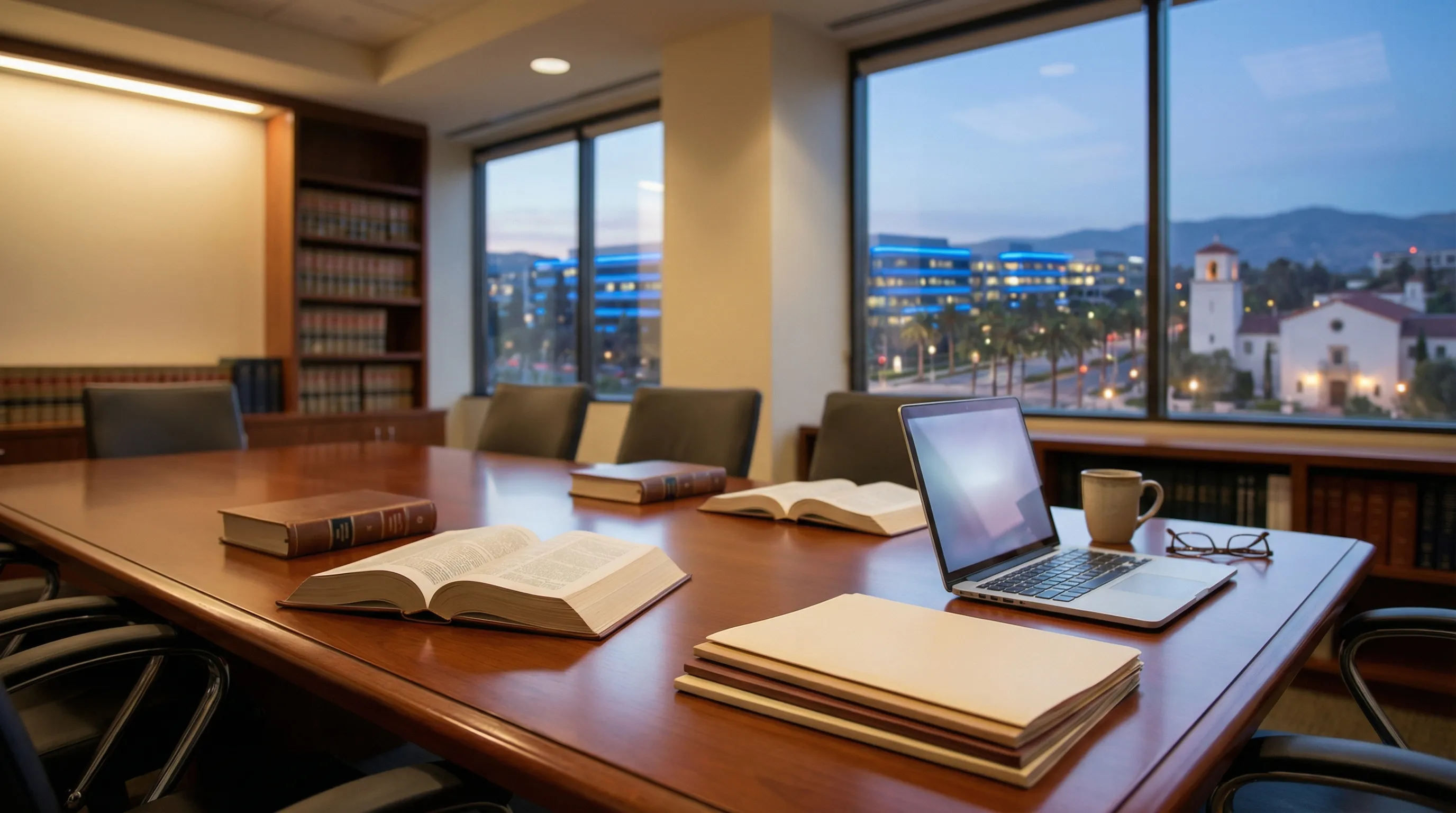 Professional law office exterior on Old Ironsides Drive in Santa Clara, CA, modern architecture with California blue sky and palm trees