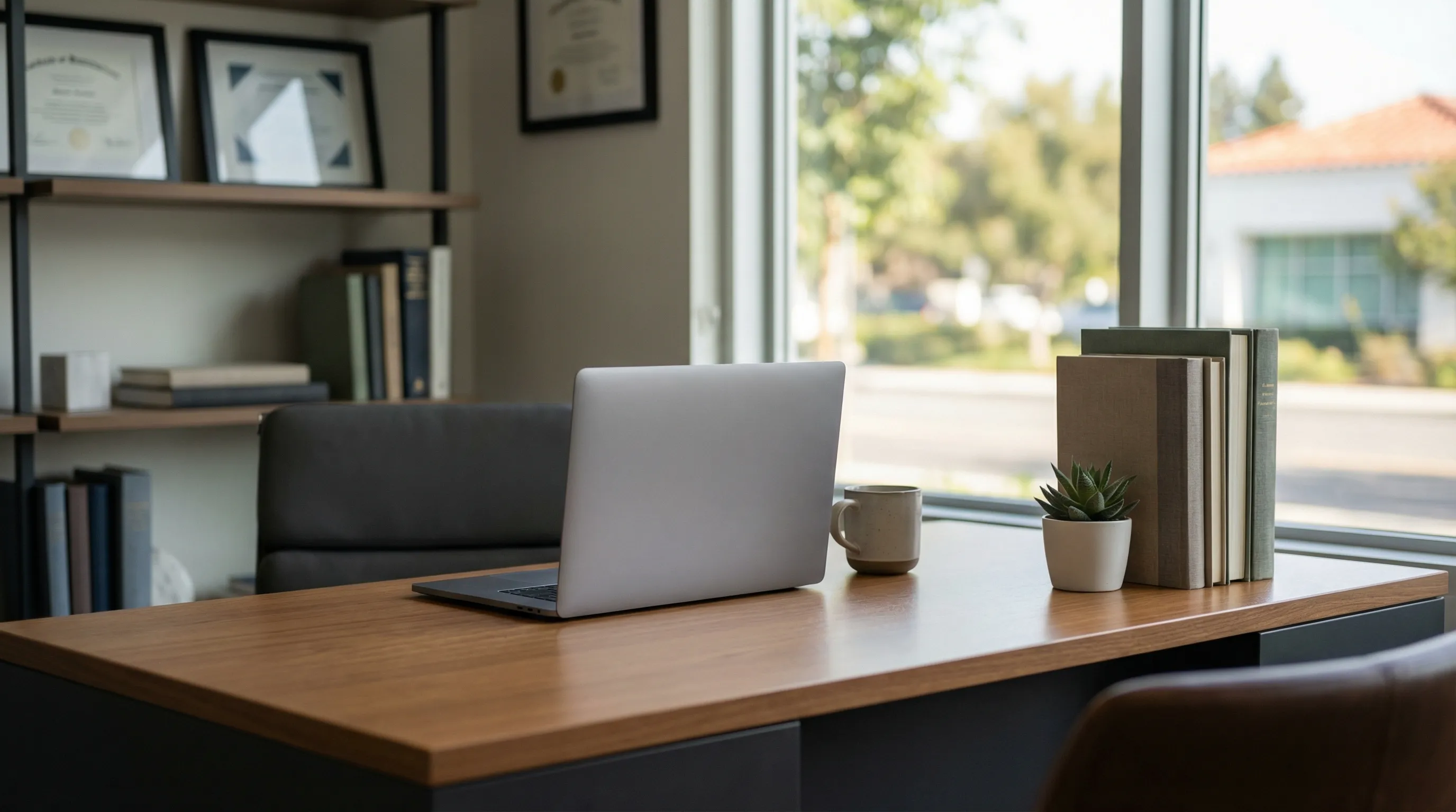 Professional financial advisor office interior in Santa Clara, CA, with advisor meeting clients at a modern desk