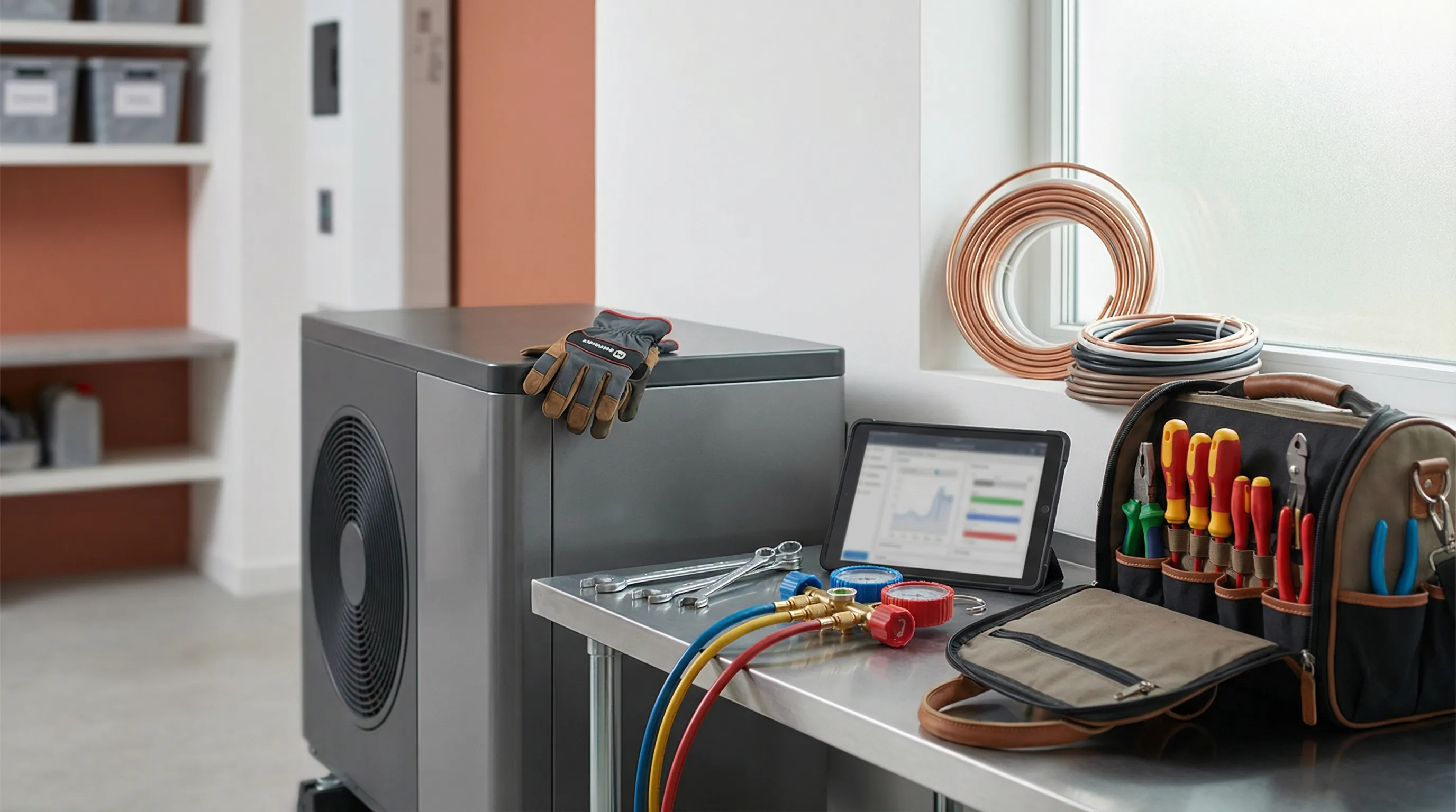 HVAC technician servicing a heat pump system at a residential home in Santa Clara, CA
