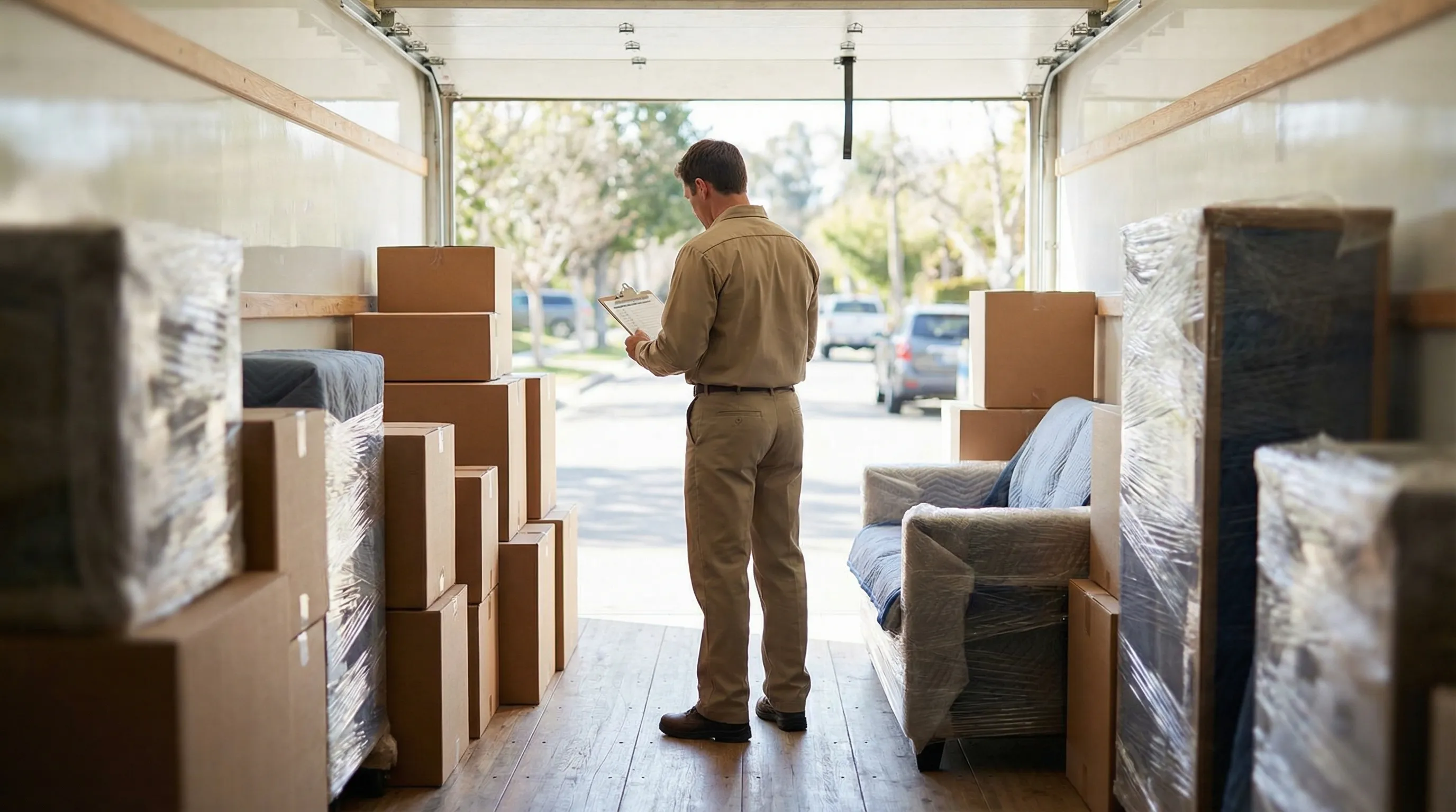 Professional moving crew loading a branded truck on a residential street in Santa Clara, CA
