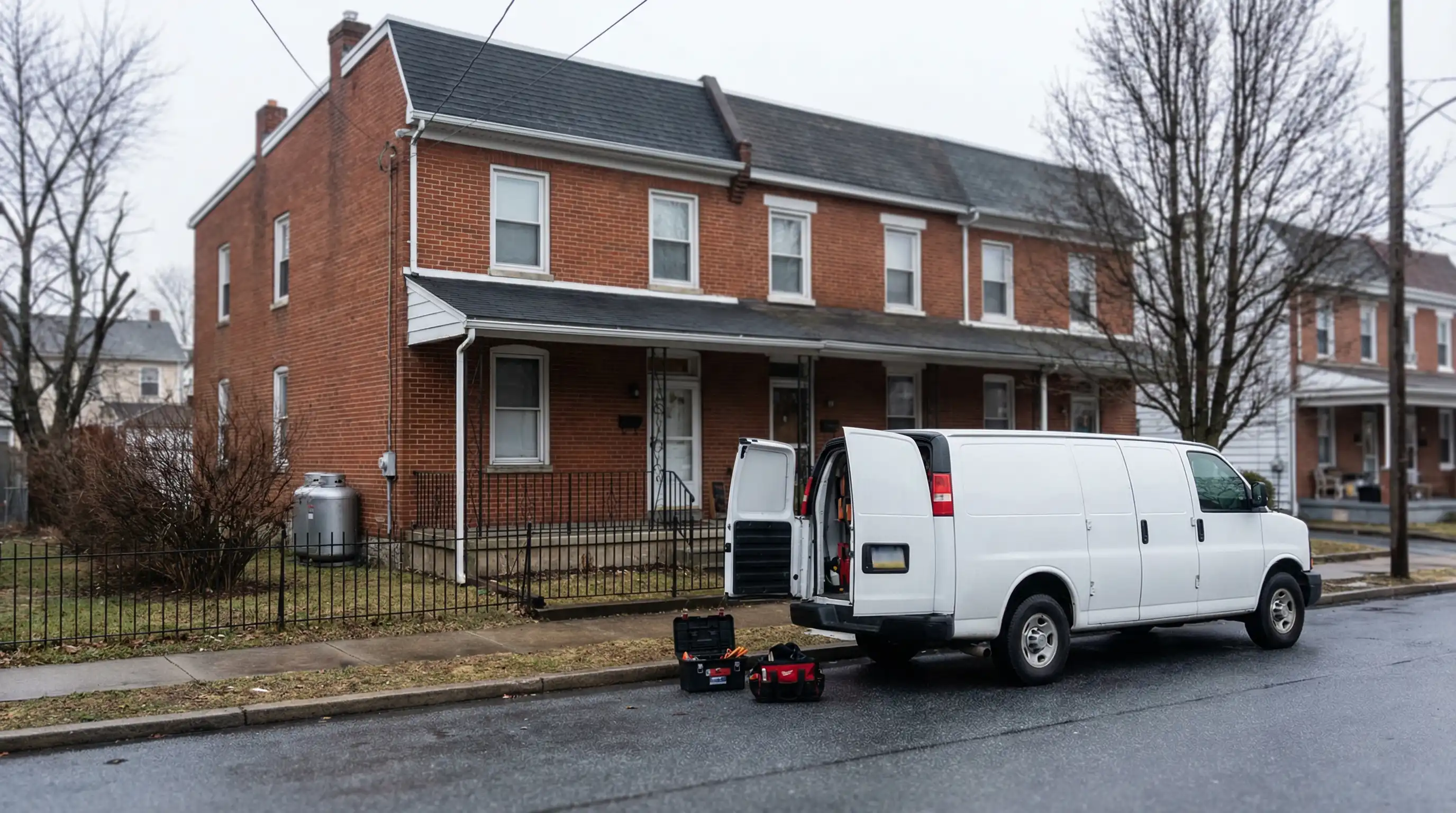 Professional HVAC technician servicing an oil-fired heating system in an Allentown, PA residential basement