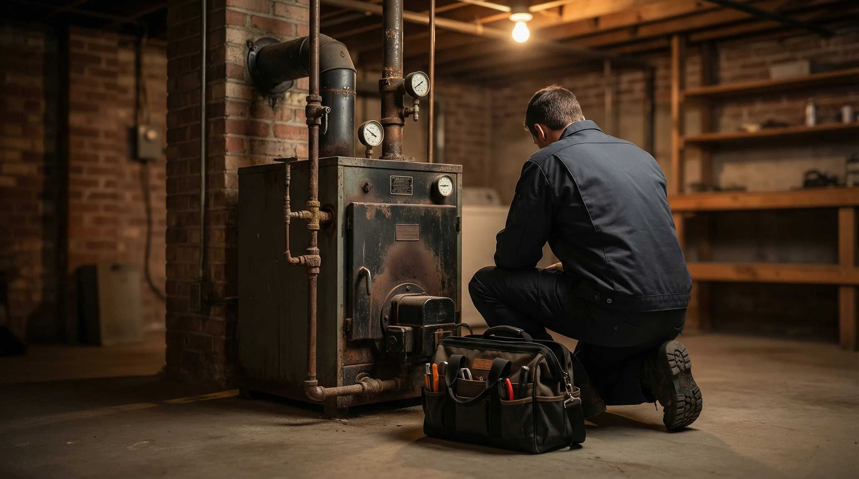 Professional HVAC technician servicing an oil-fired heating system in an Allentown, PA residential basement
