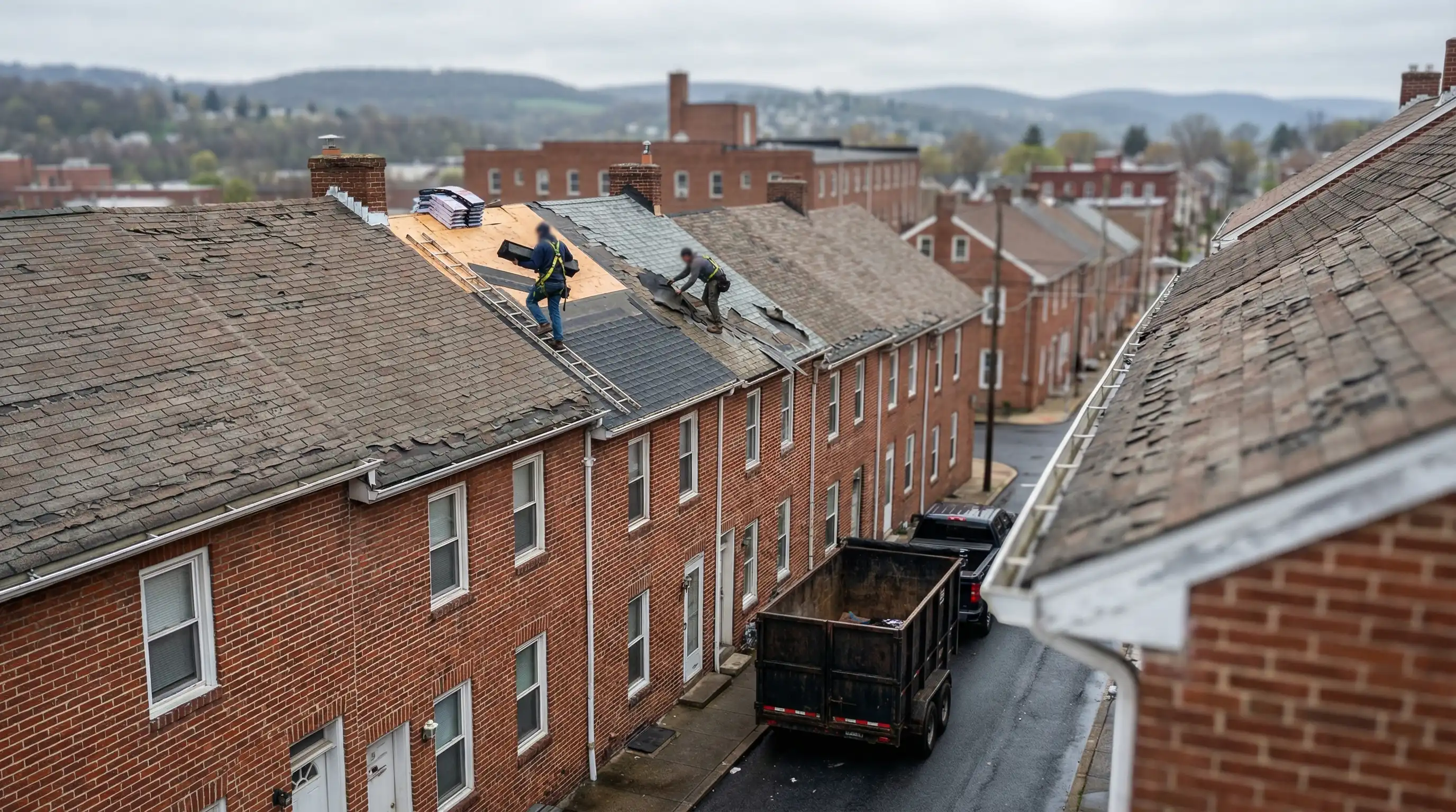 Roofing contractor installing architectural shingles on an Allentown, PA rowhouse roof with Lehigh Valley neighborhood in background