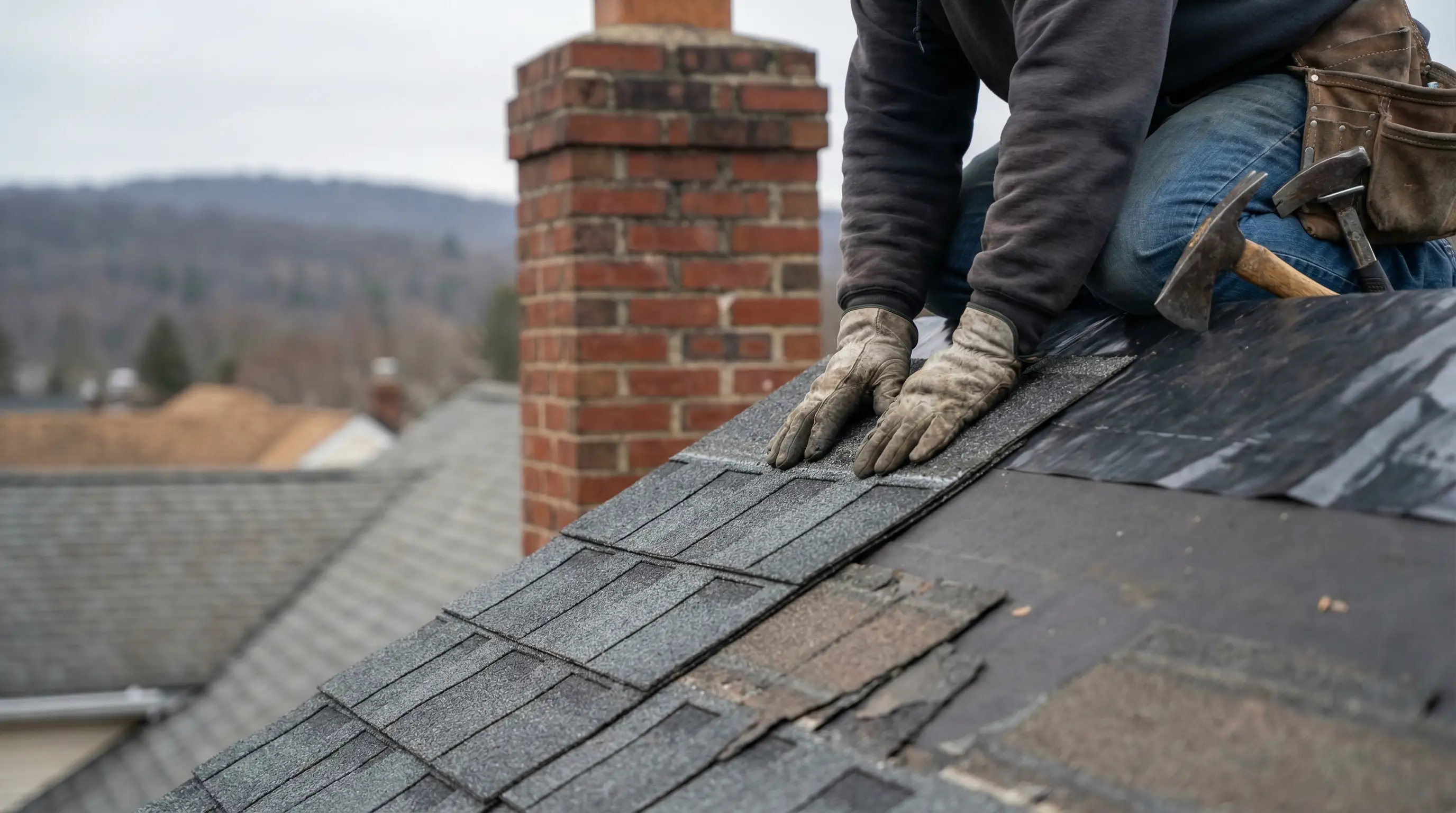 Roofing contractor installing architectural shingles on an Allentown, PA rowhouse roof with Lehigh Valley neighborhood in background