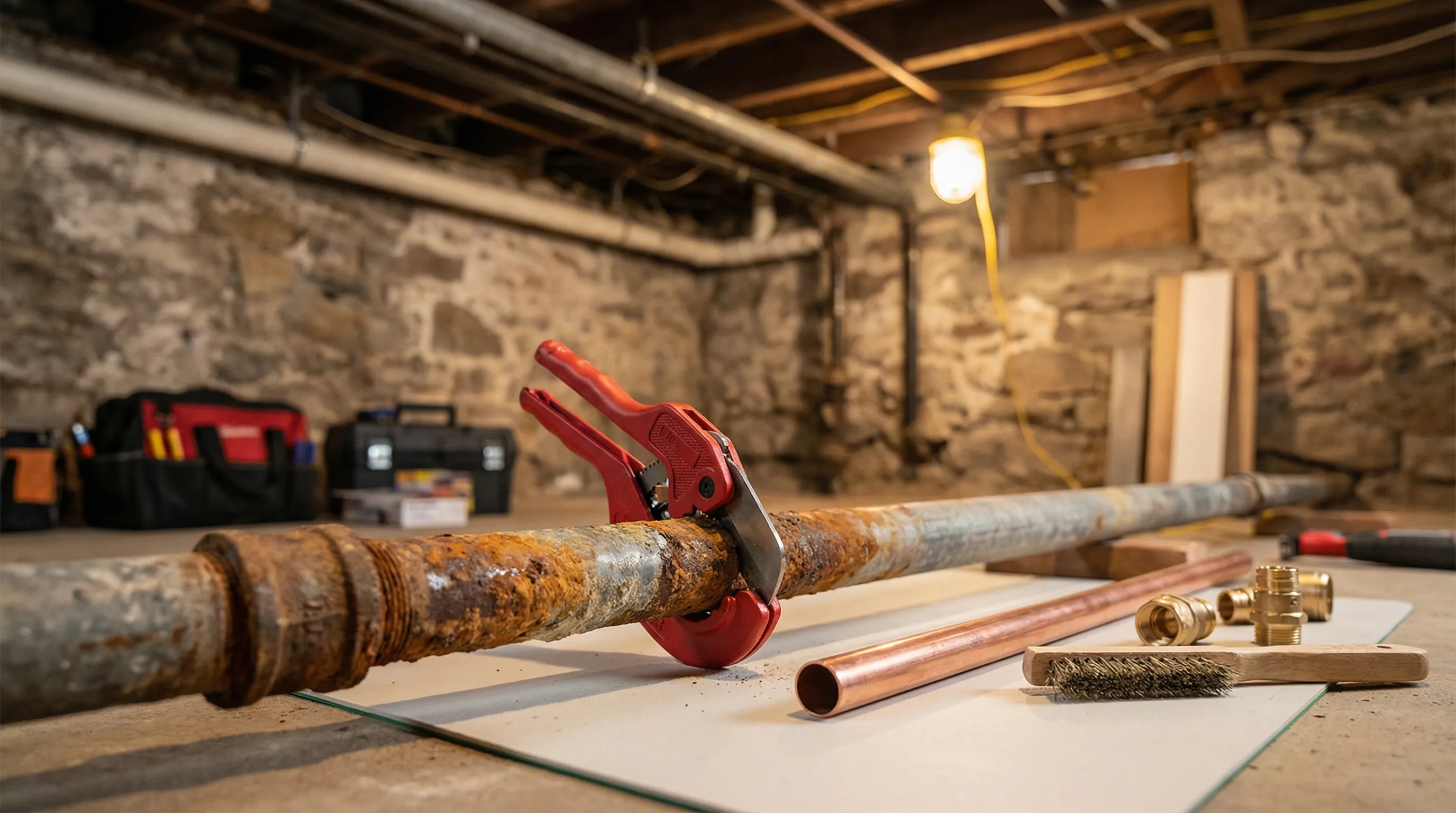 Plumber replacing corroded galvanized pipe in an Allentown, PA older-home basement utility room