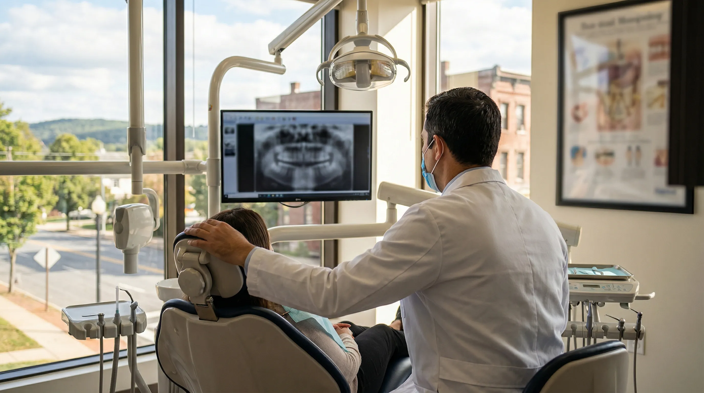 Bilingual dental practice interior in Allentown, PA with dentist and patient at modern dental chair
