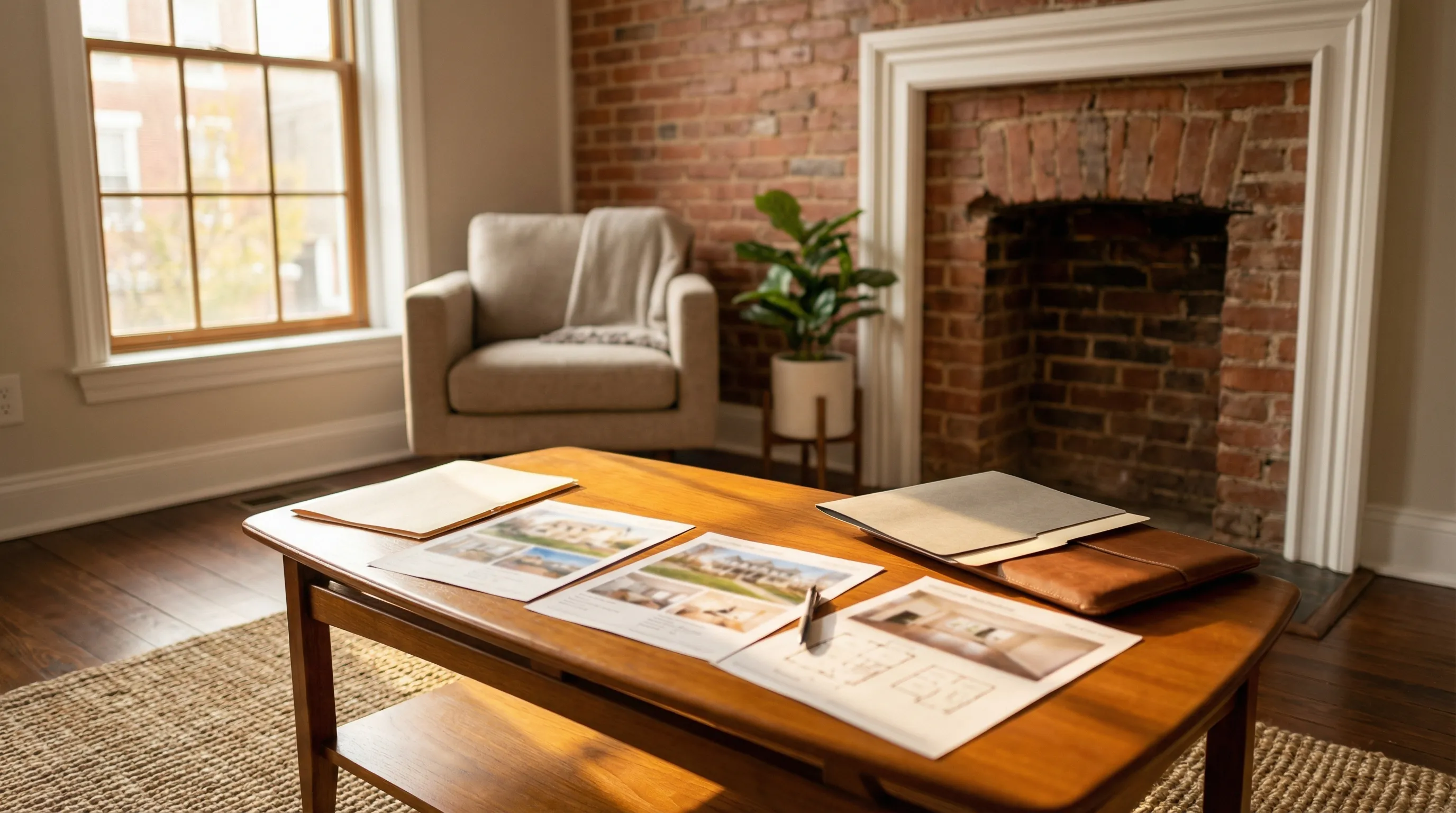 Real estate agent and couple reviewing property listings inside a renovated Allentown PA rowhouse with original hardwood floors
