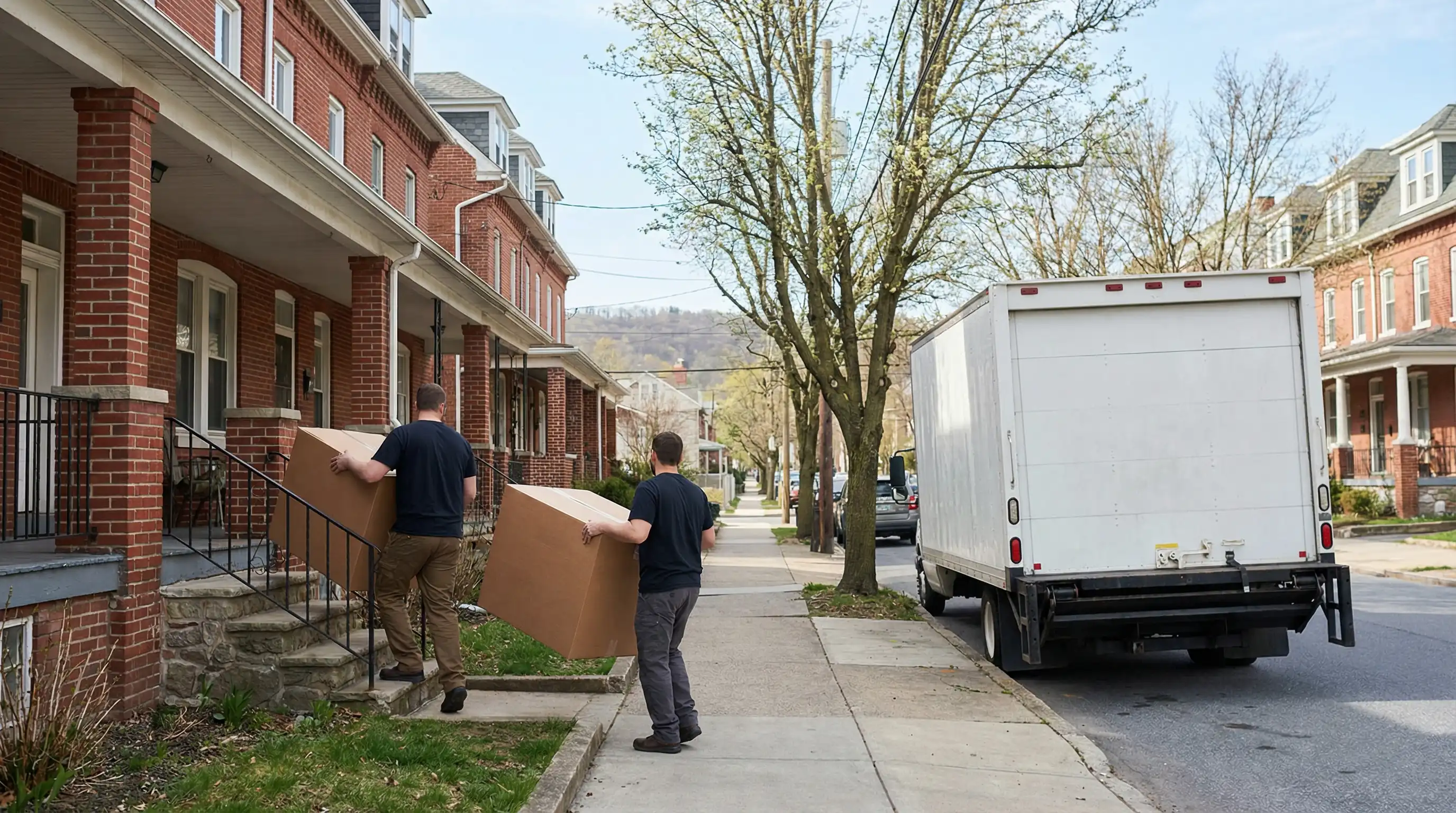 Professional movers loading furniture from a red brick Allentown PA rowhouse on a spring morning