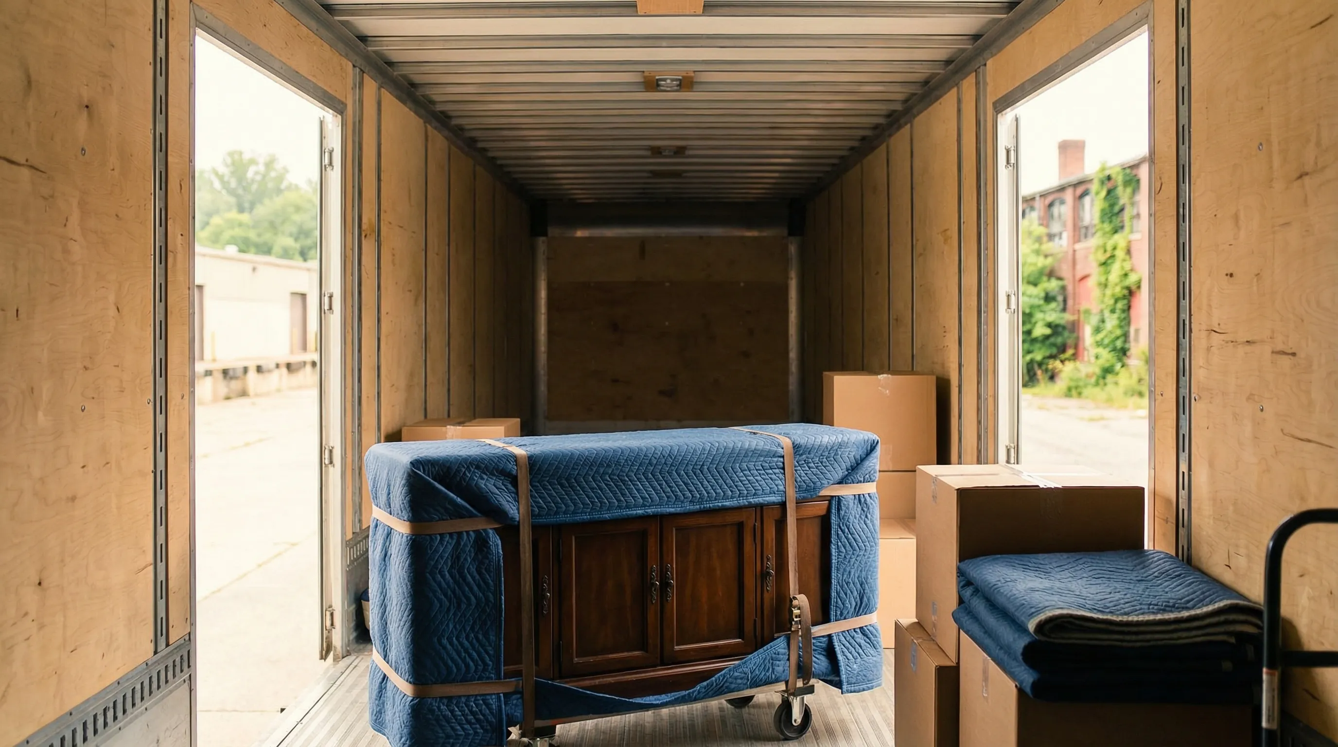Professional movers loading furniture from a red brick Allentown PA rowhouse on a spring morning