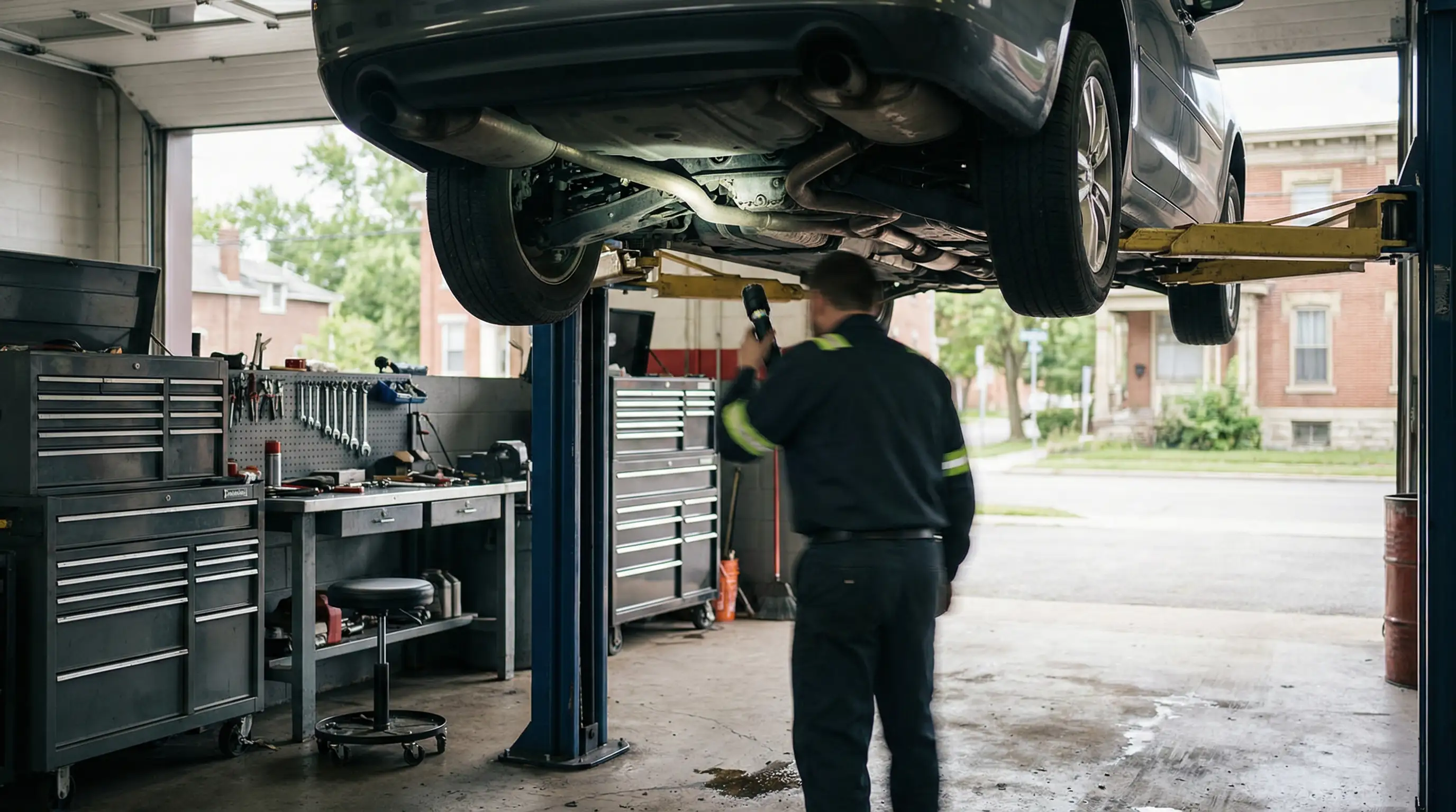 Independent auto repair mechanic working under vehicle on lift inside Allentown PA shop bay