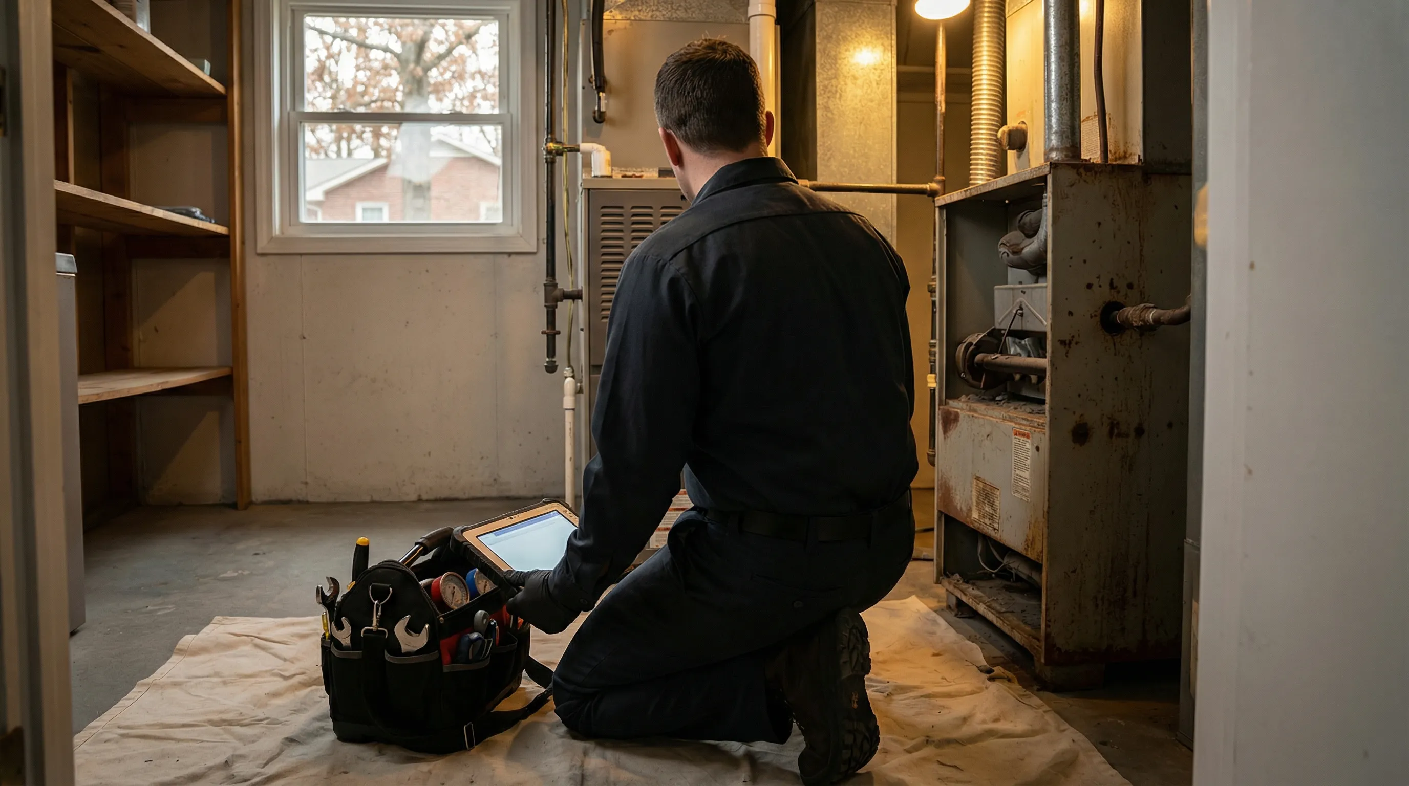 Professional HVAC technician inspecting outdoor AC condenser unit at a brick ranch home in Columbia, MO on a sunny summer day