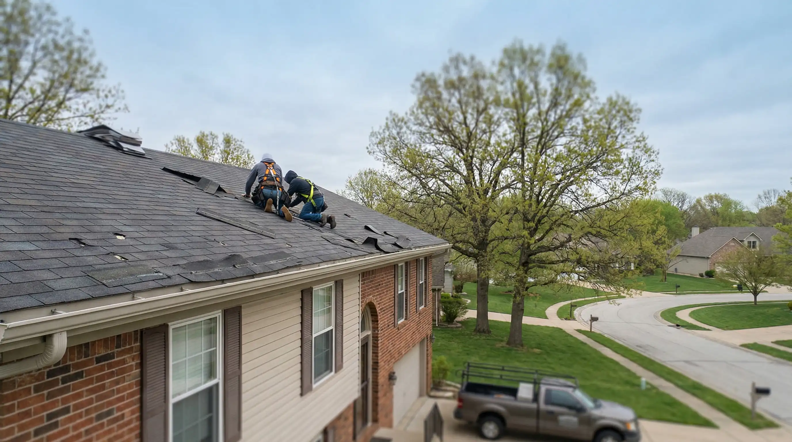 Professional roofing contractor inspecting storm-damaged asphalt shingles on a 1980s brick home in Columbia, MO after a spring hail event