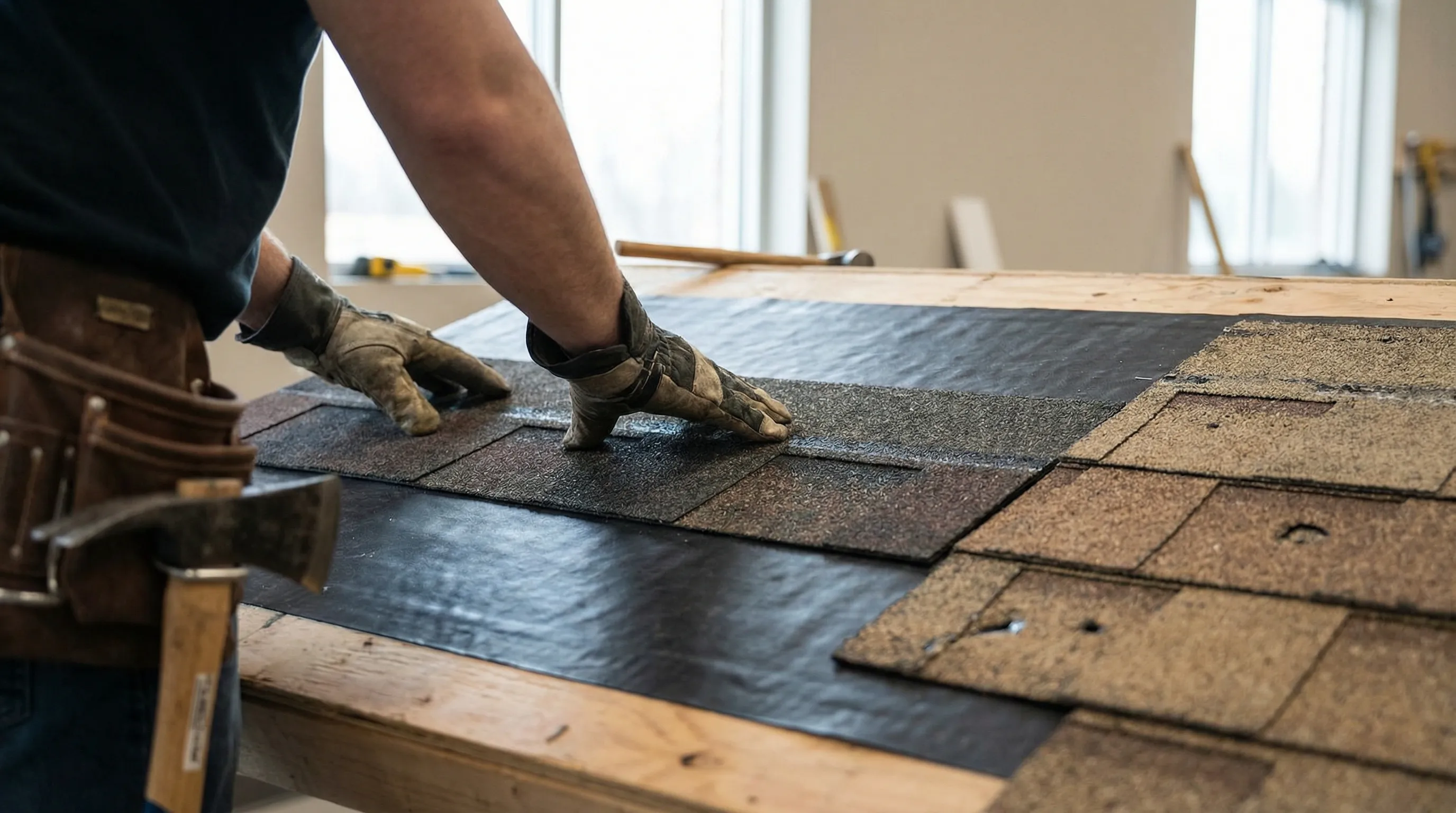 Professional roofing contractor inspecting storm-damaged asphalt shingles on a 1980s brick home in Columbia, MO after a spring hail event