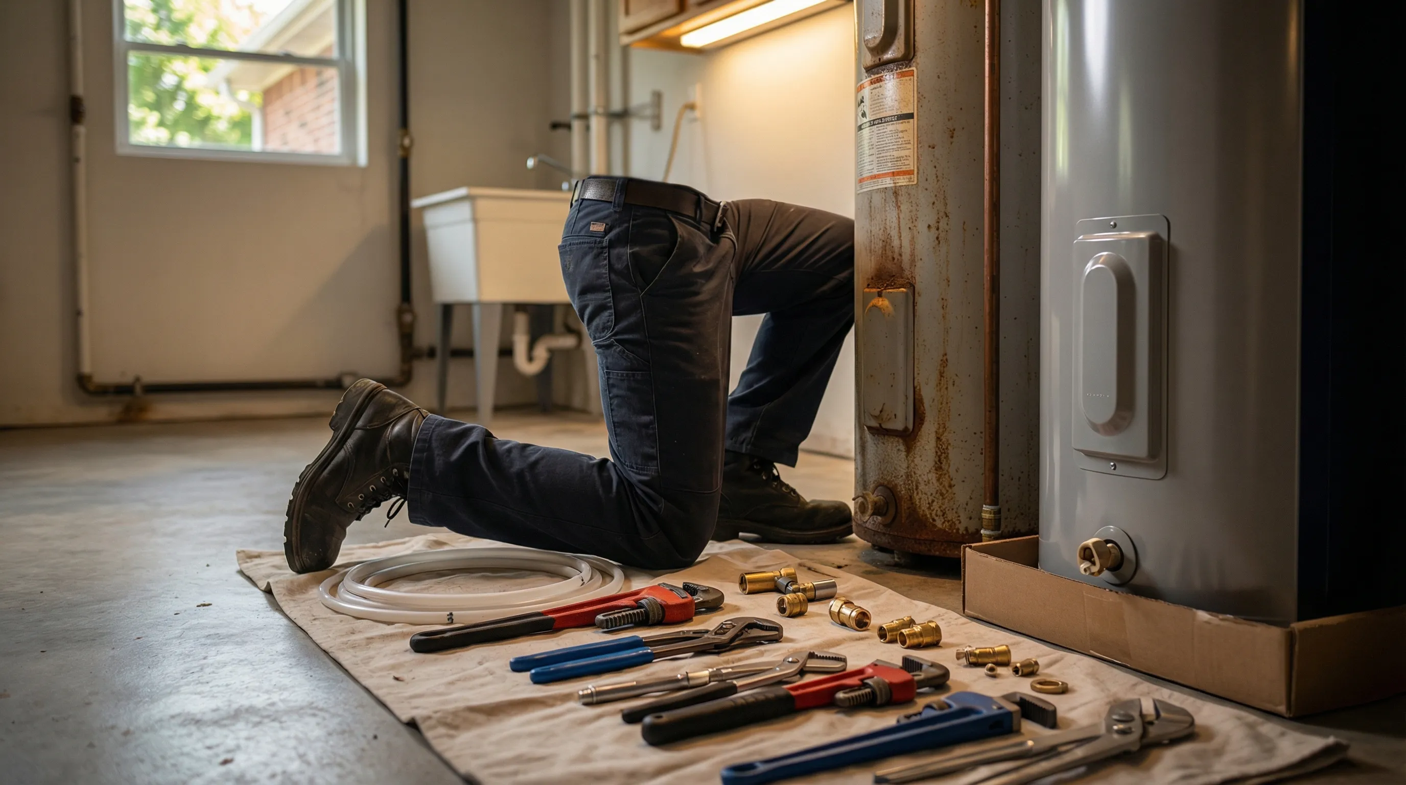 Professional plumber replacing a water heater in a Columbia, MO home utility room with tools organized on a drop cloth