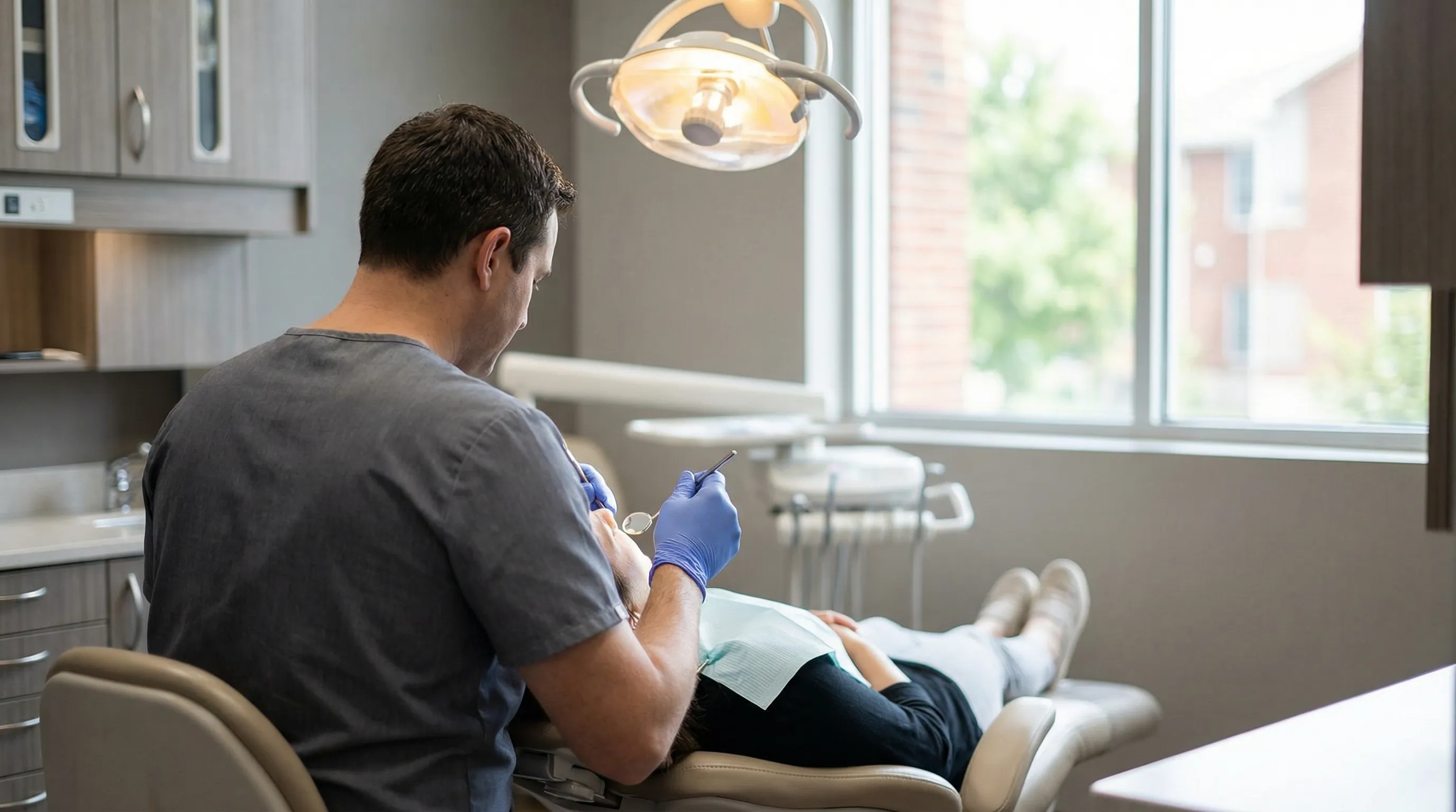 Professional dentist in modern Columbia, MO dental office examining a patient with bright overhead lighting and clean modern equipment