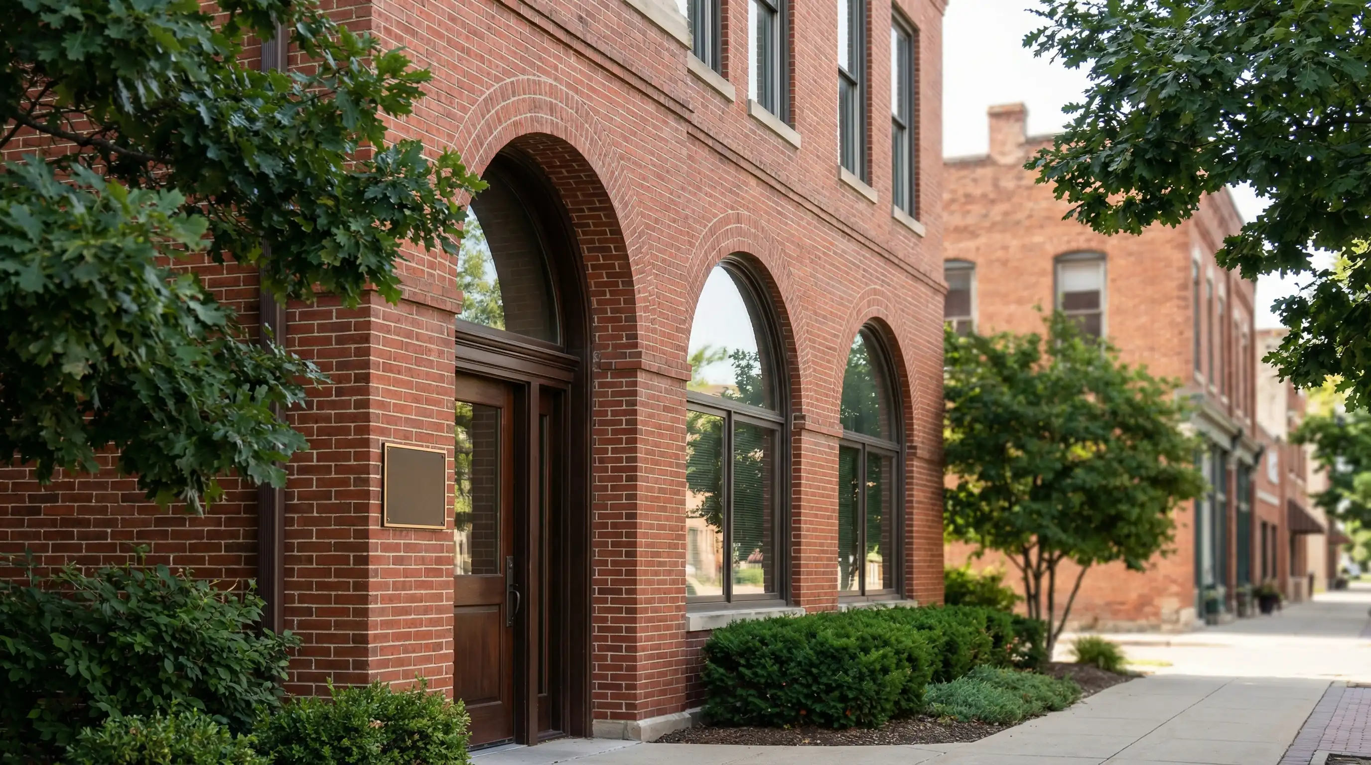 Professional law office exterior in downtown Columbia, MO near the Boone County courthouse, brick building with clean professional signage in midday Missouri light