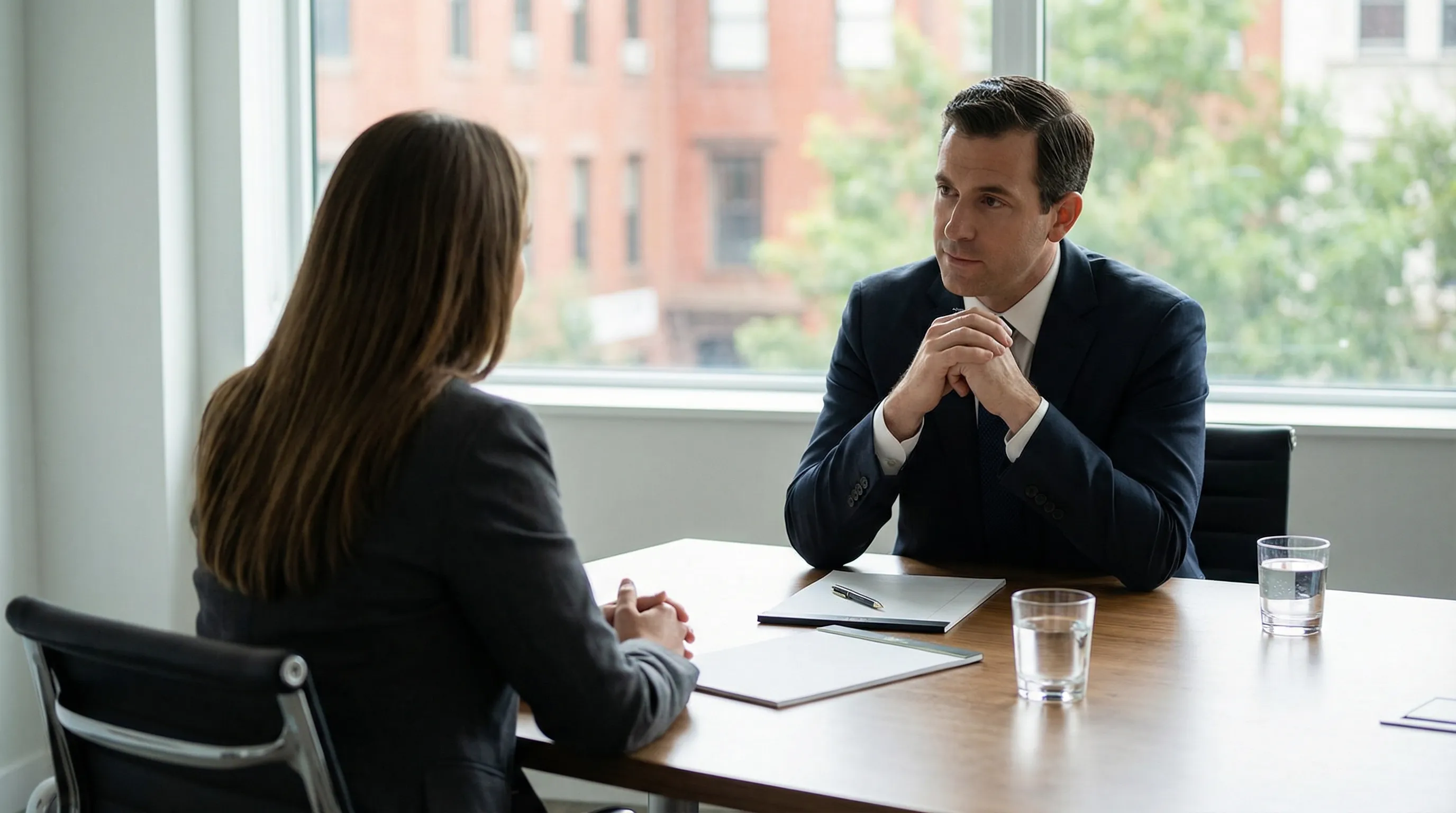 Professional law office exterior in downtown Columbia, MO near the Boone County courthouse, brick building with clean professional signage in midday Missouri light