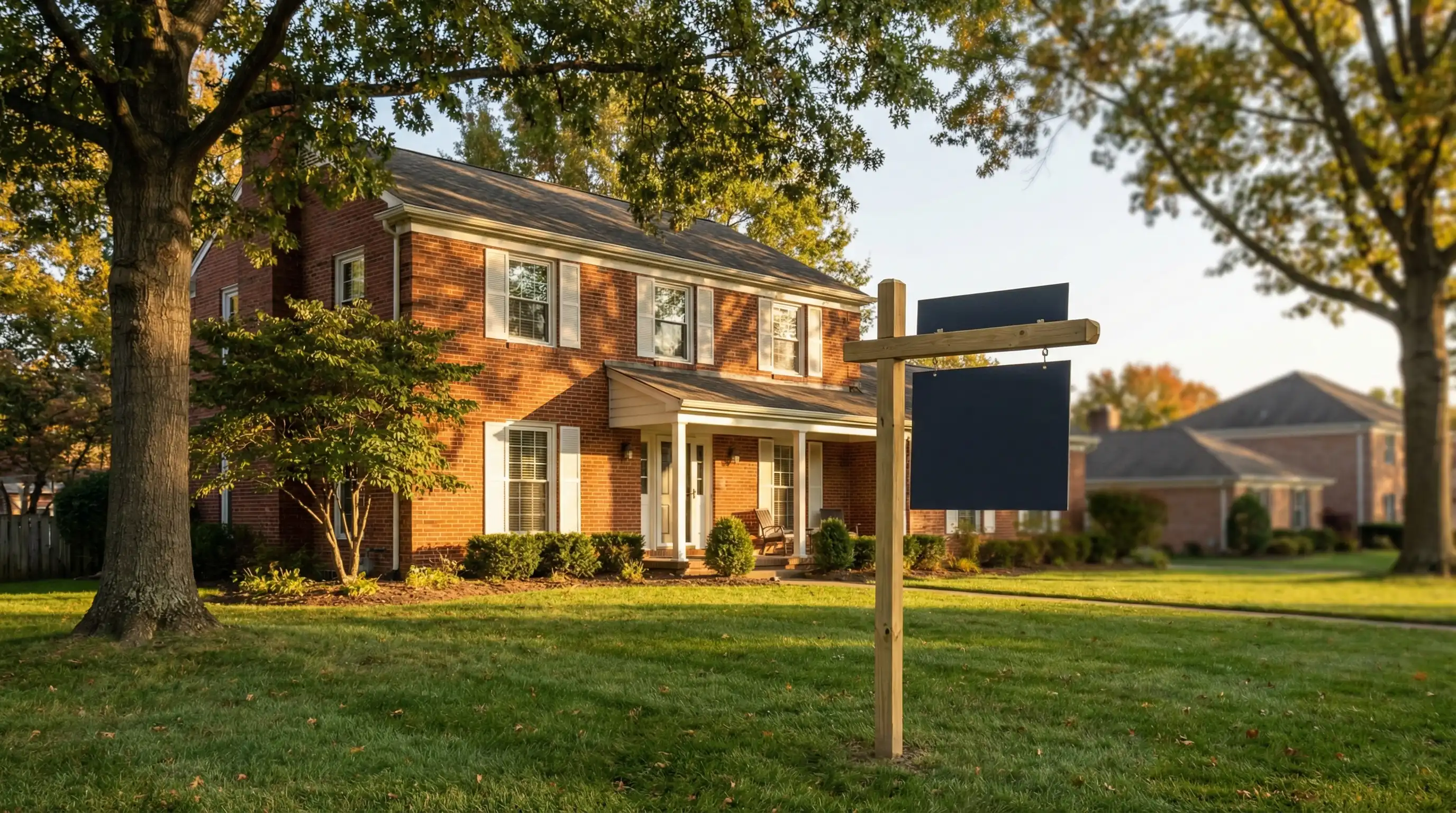 Well-maintained craftsman home with mature oak trees and SOLD sign in Columbia, MO residential neighborhood in warm afternoon Missouri sunlight