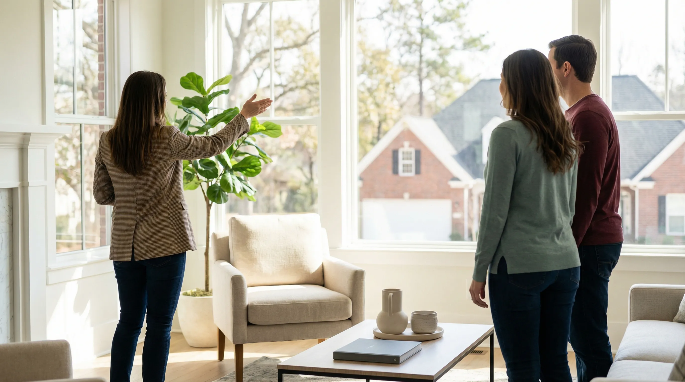 Well-maintained craftsman home with mature oak trees and SOLD sign in Columbia, MO residential neighborhood in warm afternoon Missouri sunlight