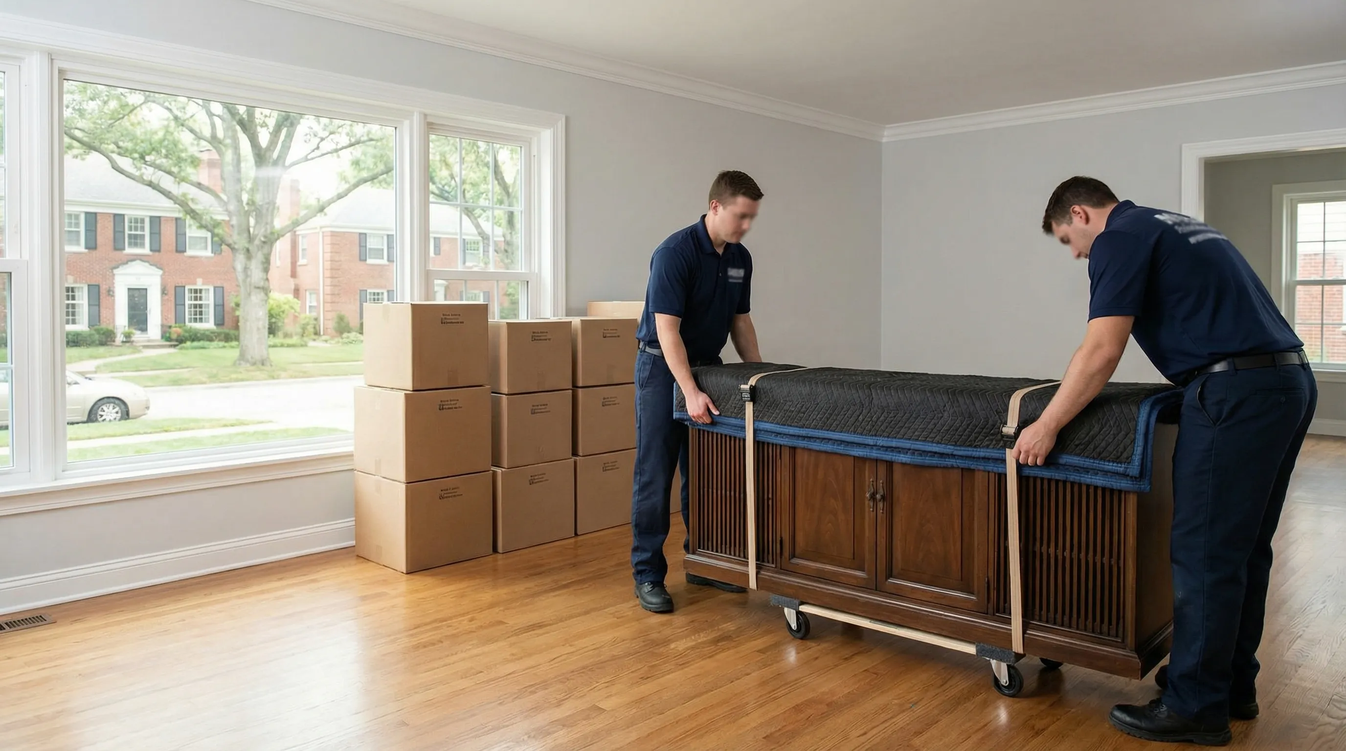 Branded moving truck parked in front of brick Columbia, MO home on a sunny August moving day with uniformed movers carrying furniture up the front walkway