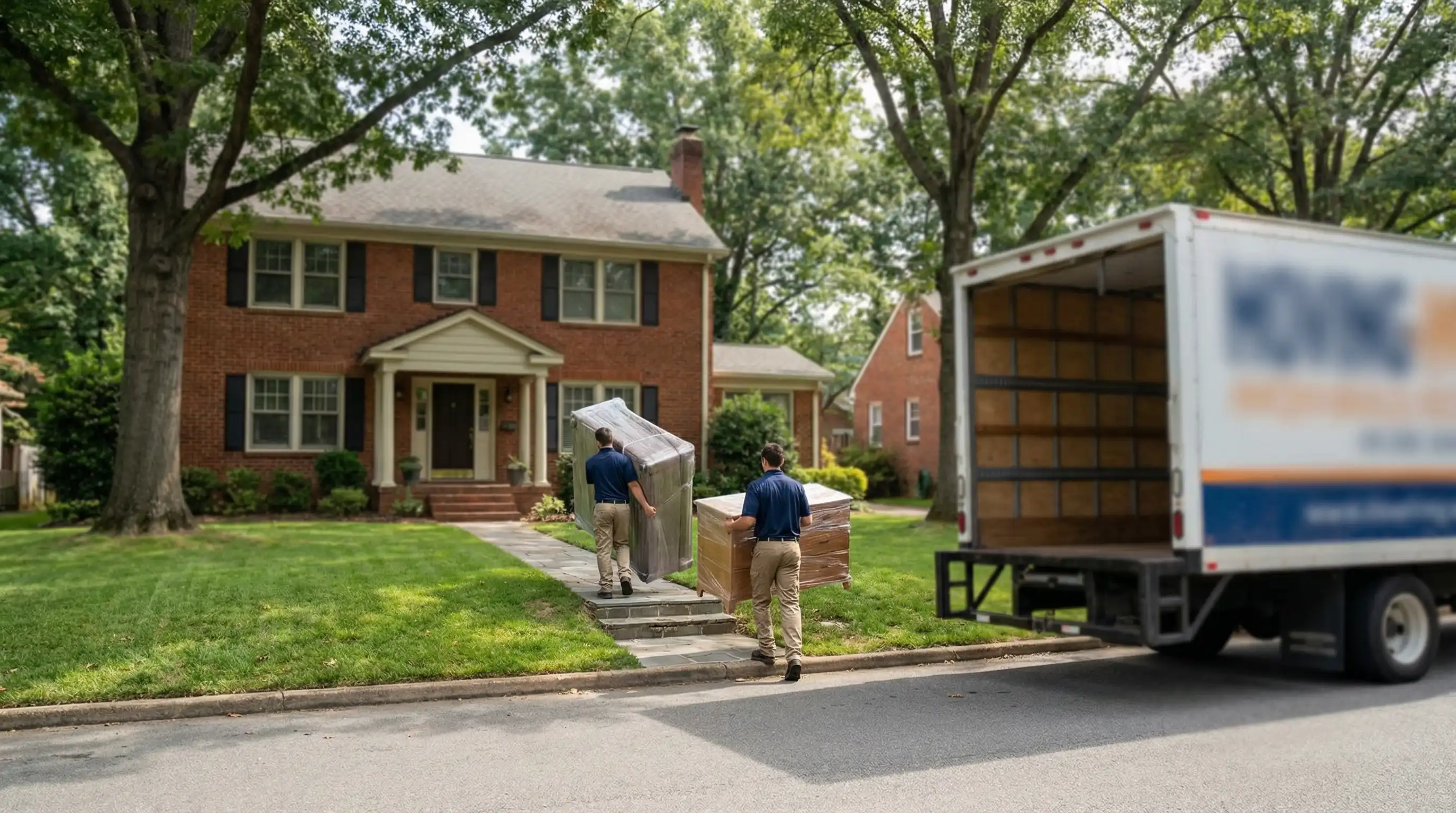 Branded moving truck parked in front of brick Columbia, MO home on a sunny August moving day with uniformed movers carrying furniture up the front walkway